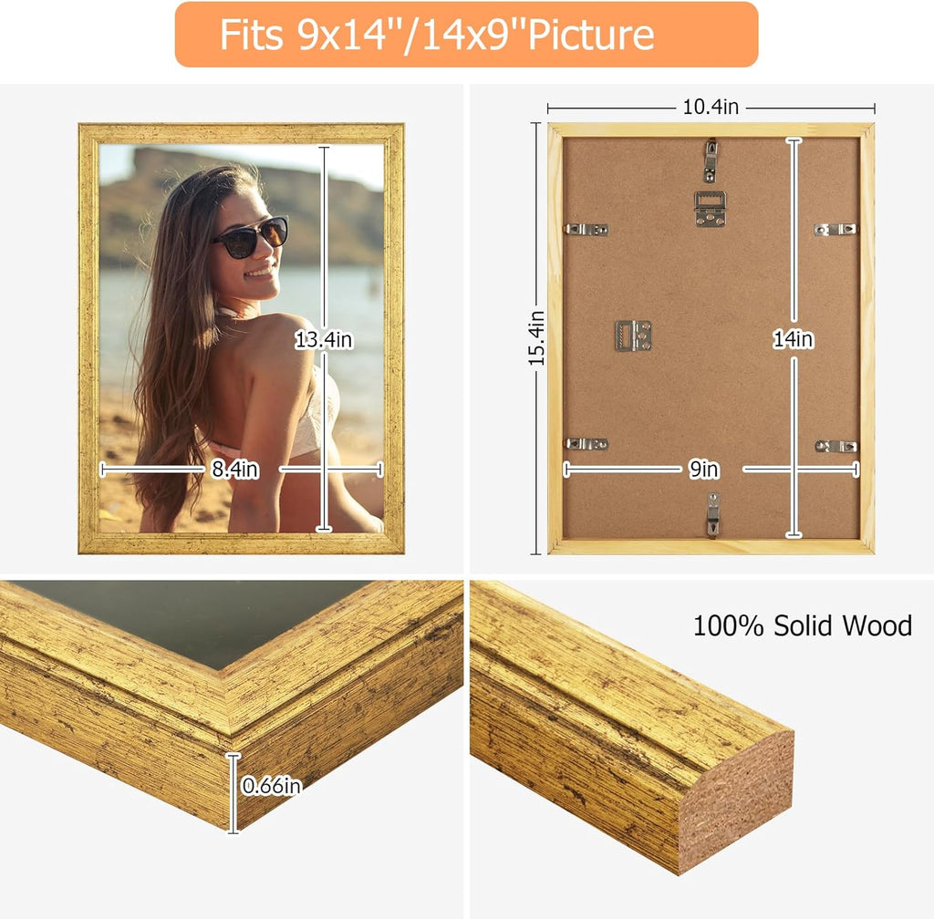 Wood 9x14 Frame Gold, Ornate Natural 14x9in Poster Picture Frame, Modern Golden 9 x 14inch Gallery Wall Photo Frame with HD Plexiglass, Horizontal Vertical Wall Mounting Display 1pcs