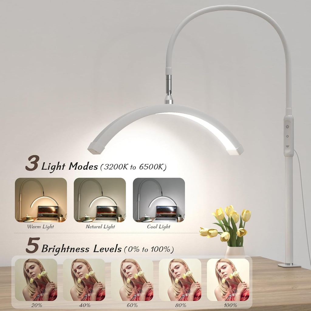 Half Moon Light with Clamp, LED Manicure Table Lamp, Desk Lamp for Nail Desk, Eyelash Extensions, Skincare and Tattoo, 5 Brightness Levels and 5 Color Modes, Remote Control (White)