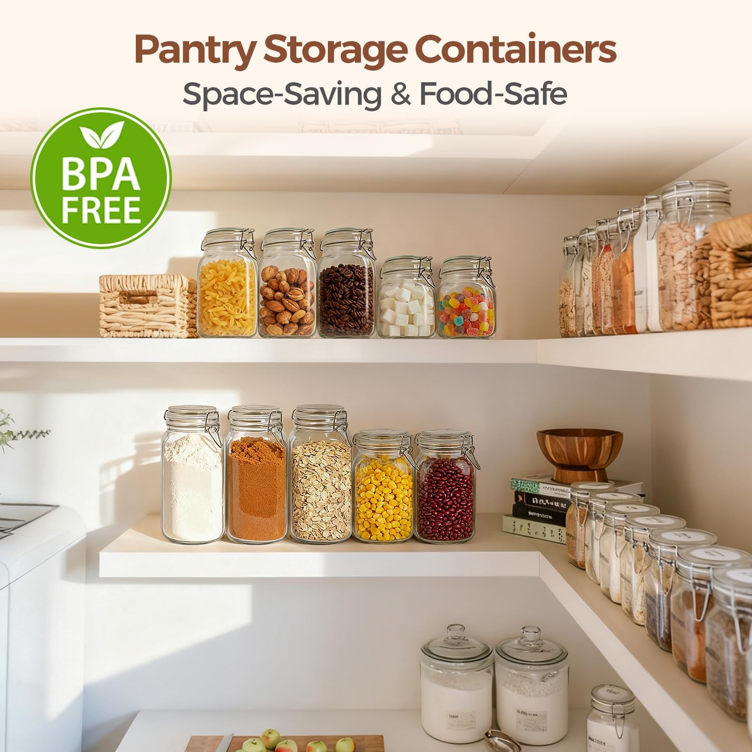 ComSaf Airtight Glass Canister Set of 3 with Lids 51oz Clear Food Storage Jars Square, Kitchen & Pantry Organization Food Storage Container for Canning, Sugar, Flour, Pasta, Candy, Cereal, Coffee