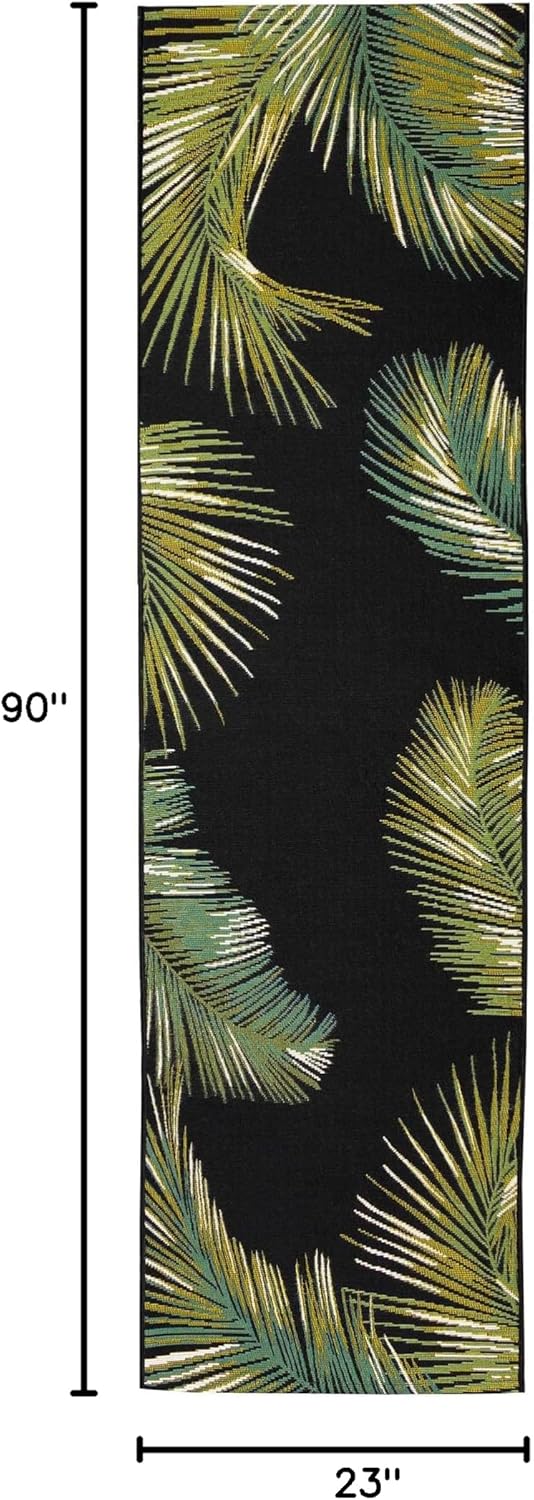 Liora Manne Marina Indoor/Outdoor Power Loomed Synthetic Blend Low Profile Area Rug - Transitional Border Botanical Beach Colorful (Palm Border Black) (1'11" x 7'6")