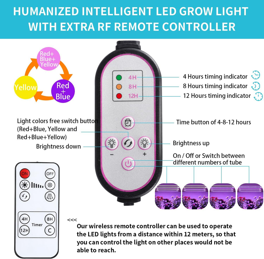 7.8'' Growing Lamp for Indoor Plants, Red & Blue & Yellow Full Spectrum, LED Grow Light Strips with 4/8/12H Timer,10 Dimmable Levels for Green House Succulent,4 Head