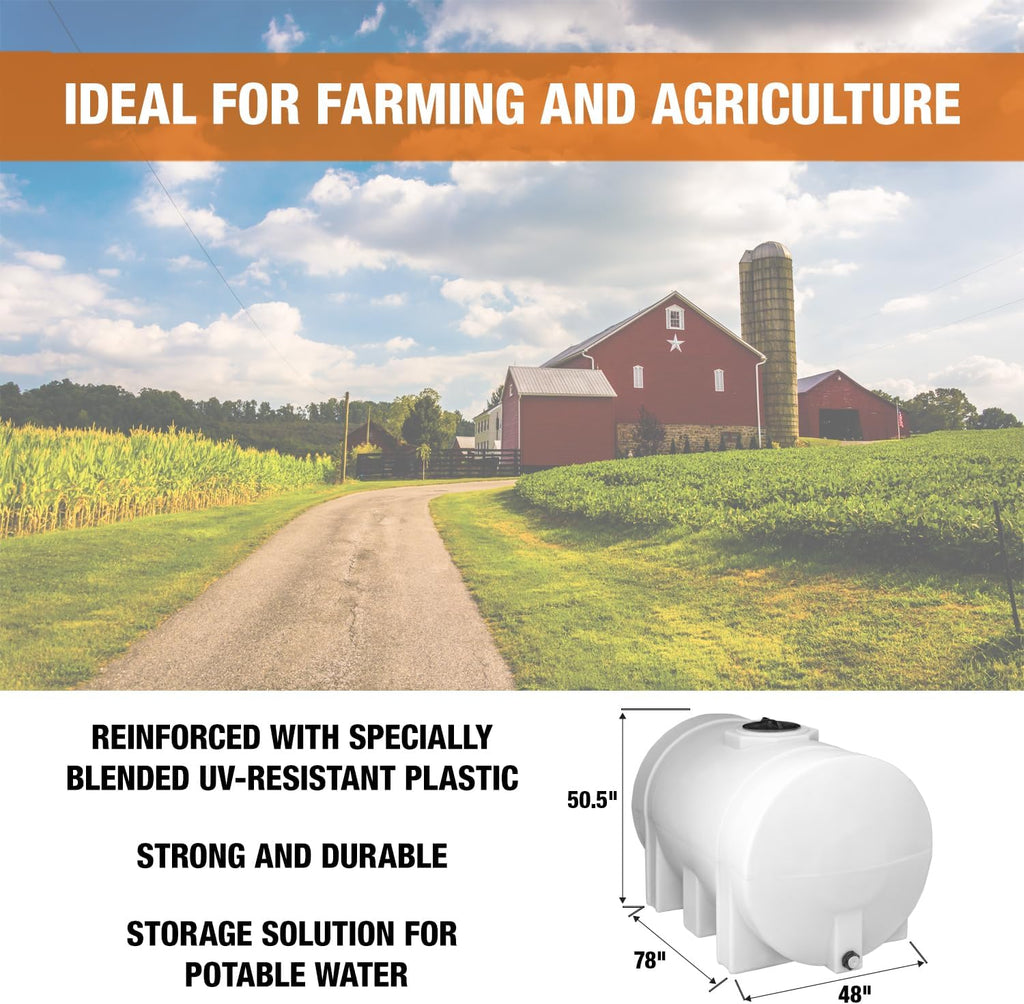 RomoTech 550 Gallon Polyethylene Storage Tank with Legs–Heavy-Duty Horizontal Water Storage Tank for Farms, Industrial or Chemical Use–UV-Resistant, Rustproof, BPA-Free Plastic Liquid Tank, 821242659