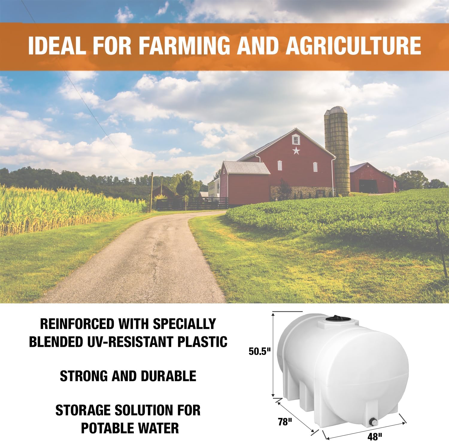 RomoTech 550 Gallon Polyethylene Storage Tank with Legs–Heavy-Duty Horizontal Water Storage Tank for Farms, Industrial or Chemical Use–UV-Resistant, Rustproof, BPA-Free Plastic Liquid Tank, 821242659