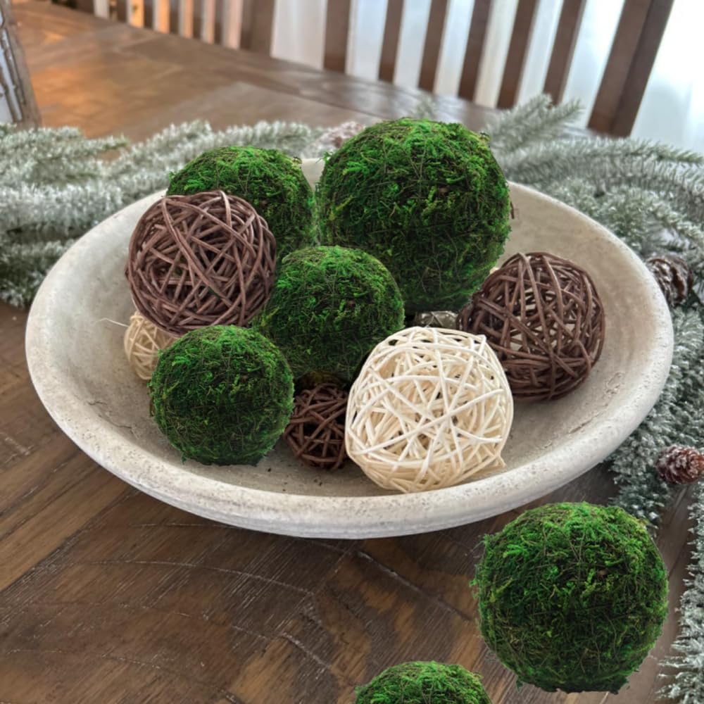 16 Pcs Decorative Moss Balls, 6 Pcs 3.2" Dried Green Spheres+ 10 Pcs 2" Greenery Balls Faux Mossy Globes, Natural Moss for Bowls Filler, Wedding Decors (Mix - Set of 16)
