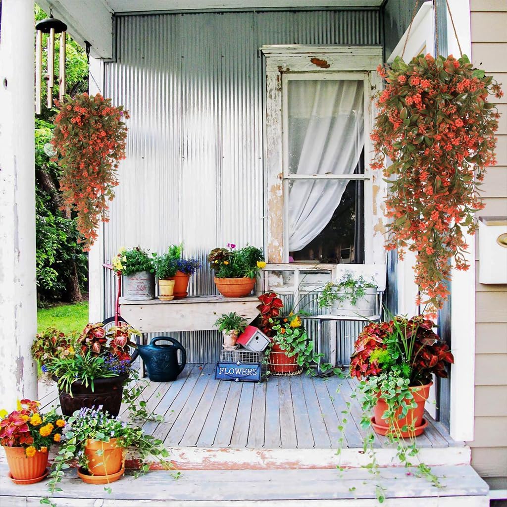 RECUTMS 2Pcs Fake Fall Plastic Outdoor Flowers Artificial Fall Hanging Plants Faux Greenery Vine Plant for Indoor Room Front Door Garden Porch Patio Wedding Party Decorations (Autumn Red)
