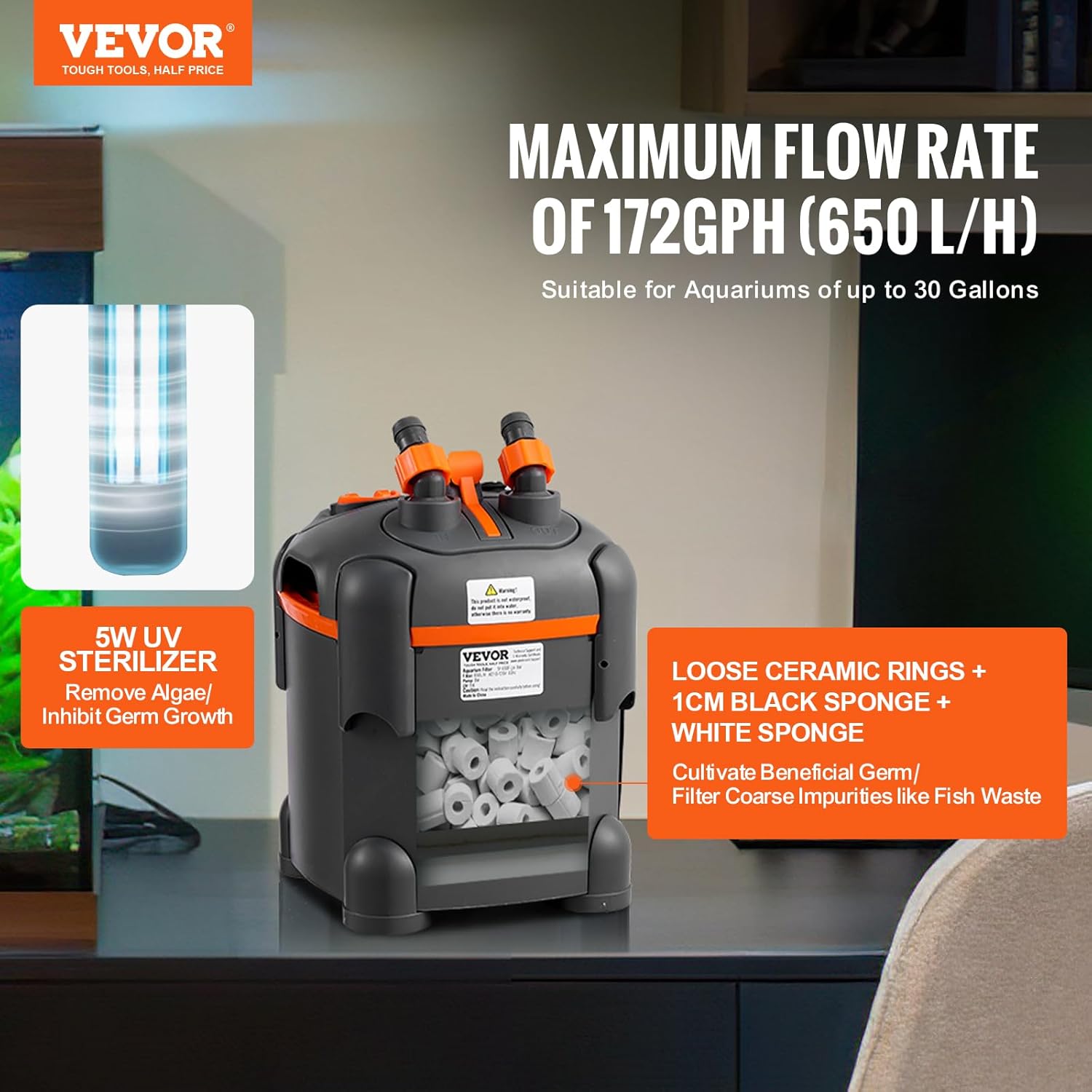 VEVOR Aquarium Filter 172GPH, Canister Filter 20-35 Gallon, Ultra-Quiet Internal Aquarium Filter with UV Protection, Submersible Power Filter with Multiple Function for Fish Tanks, 8W