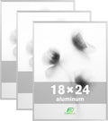 FrameWorks 18x24 Brushed Aluminum Poster Frames – Modern Brushed Metal Design w/Shatterproof Plexiglass, Perfect for Posters, Artwork, Paintings, Wall Displays – Home or Office Decor, Silver - 3 Pack