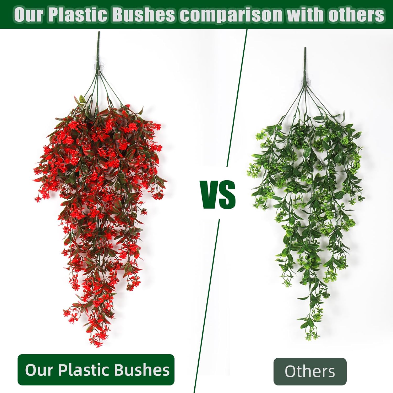 RECUTMS Faux Hanging Plants 2 Pack Hanging Flowers Artificial Decor Greenery Fake Vines with Lights Strings Plastic Flowers Artificial Ivy Leaves Long Stem for Porch Patio Kitchen (Red)