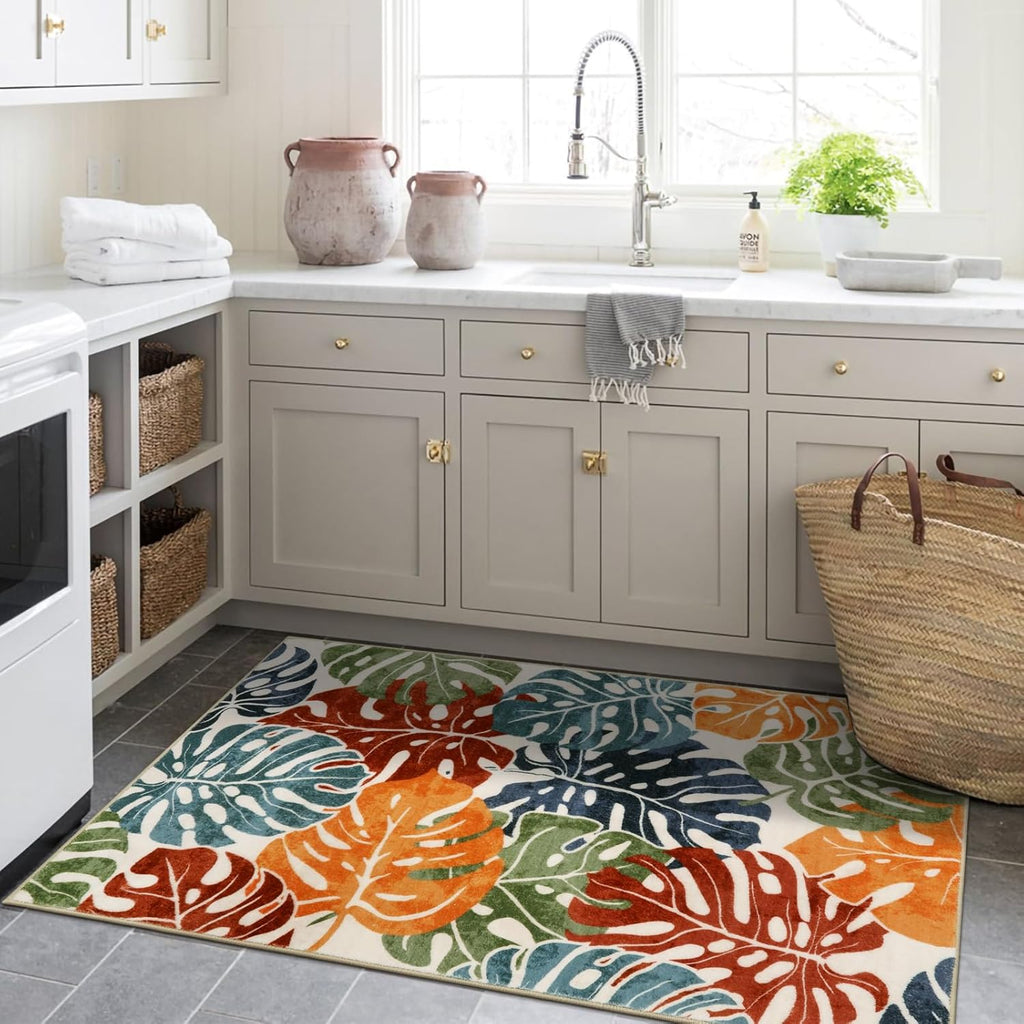 Wonnitar Monstera Colorful 3x5 Rug, Washable Tropical Leaf Entry Rug Indoor, Non-Slip Living Room Throw Carpet, Non-Shedding Low Pile Abstract Forest Floor Mat for Bedroom Kitchen Bathroom