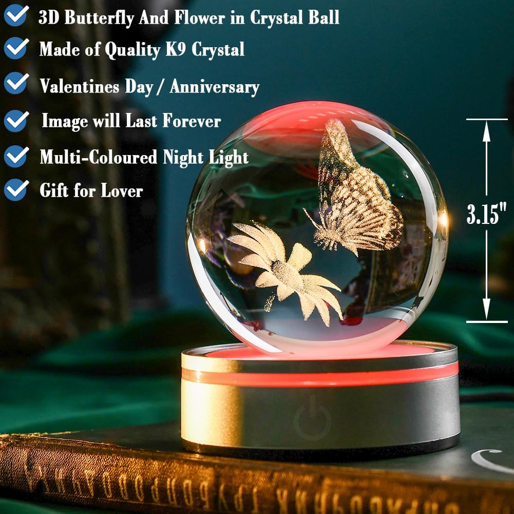 IFOLAINA 3D Butterfly Crystal Ball Decor Lamp Gifts Ideas for Girlfriend Wife Mom Couple Her Birthday Christmas Butterfly on Sunflower in Glass Ball