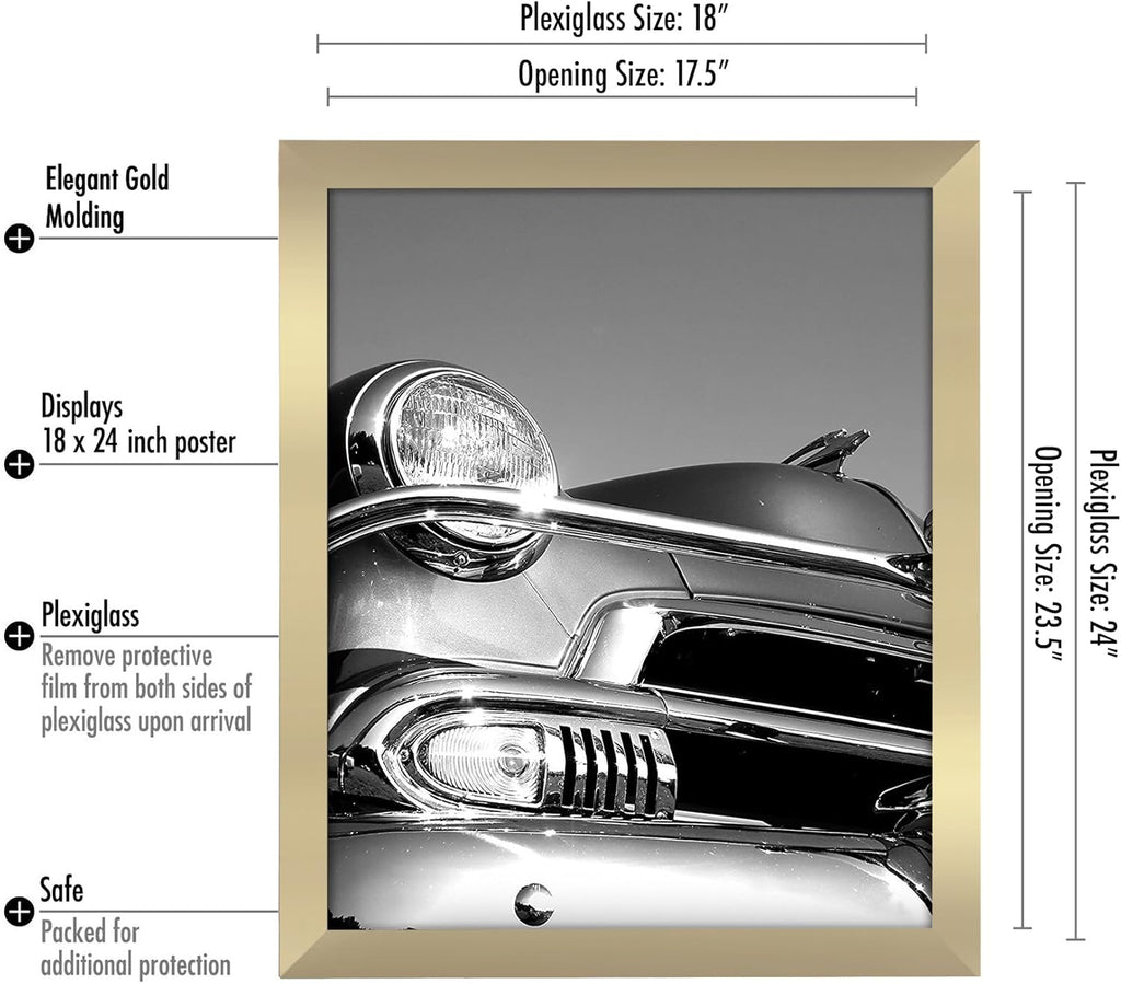 Americanflat 18x24 Poster Frame with Polished Plexiglass - Gold Picture Frame - Wide Photo Frames Made of Engineered Wood for Vertical or Horizontal Wall Display - Epic Collection - Gold