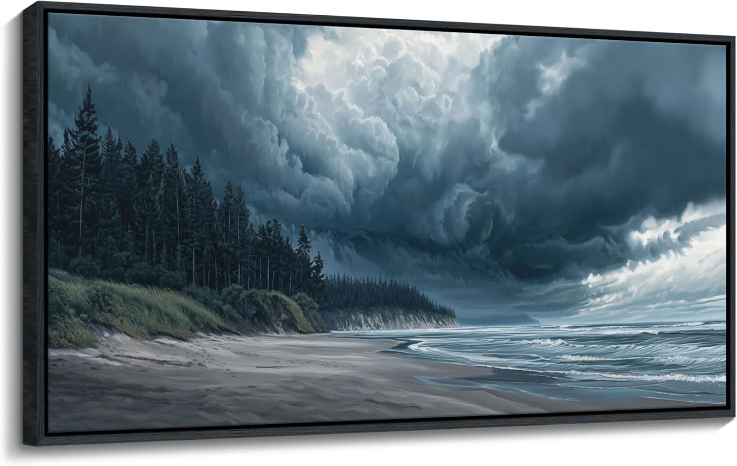 Large Wall Art Beach Canvas Decor Ocean Painting Navy Blue Picture Artwork Modern Seascape Storm Forest Decoration Framed for Living Room Bedroom Home Office Decor Size 24x48 Inches