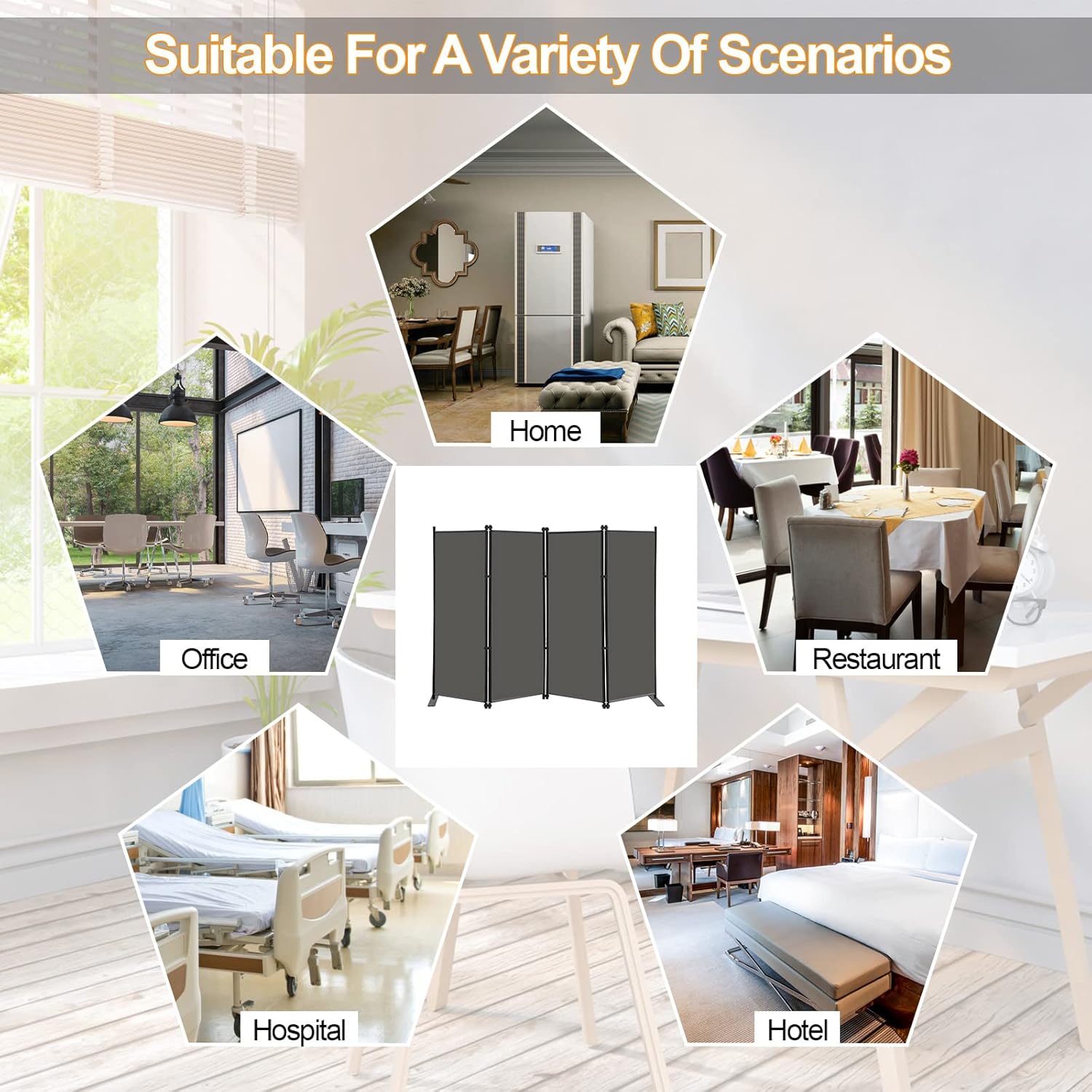 MAYOLIAH 4 Panel Room Divider Screen 6Ft Tall Foldable Privacy Dividers Indoor Wall Partition Room Separator Grey