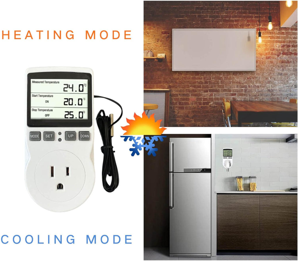 Plug in Thermostat Temperature Controller Electric Digital Thermostat Heating Cooling Mode Timer White