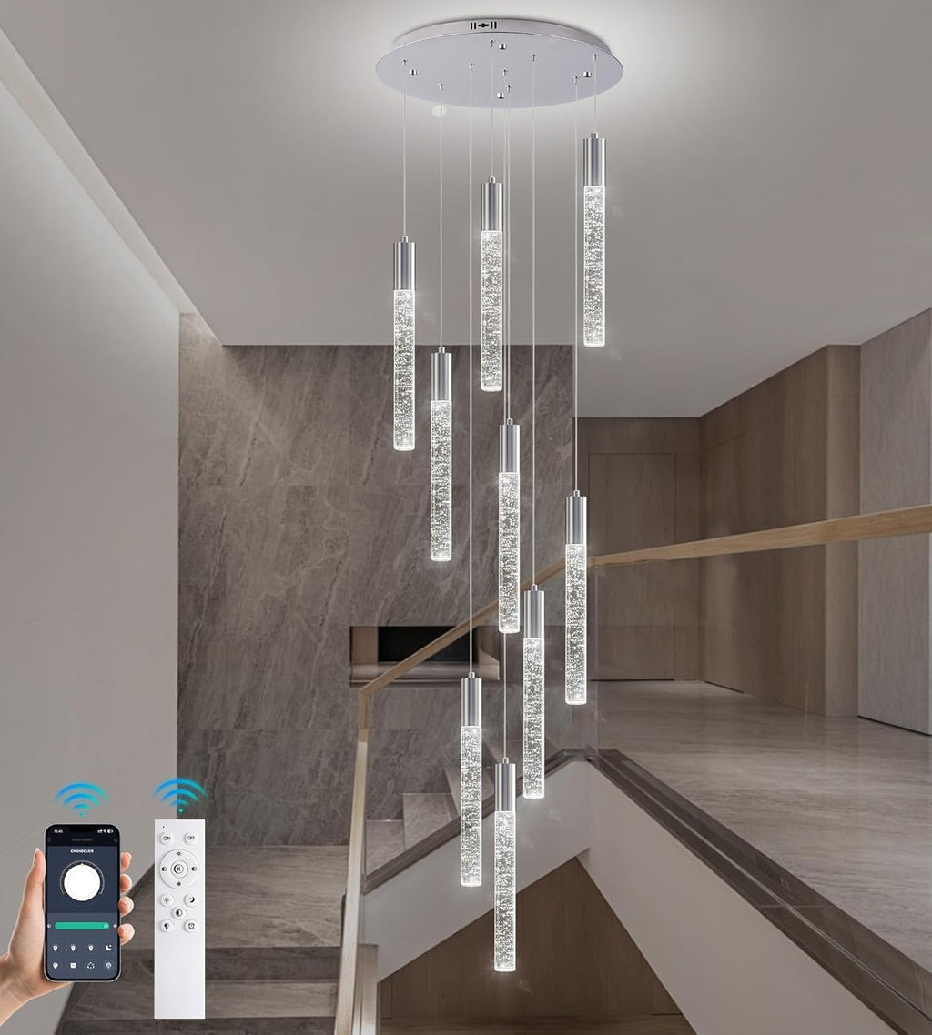High Ceiling Crystal Chandelier 9-Lights, Spiral Dimmable LED Raindrop Foyer Pendant Light, Bubble Staircase Living Room Hanging Lighting Fixture Chrome