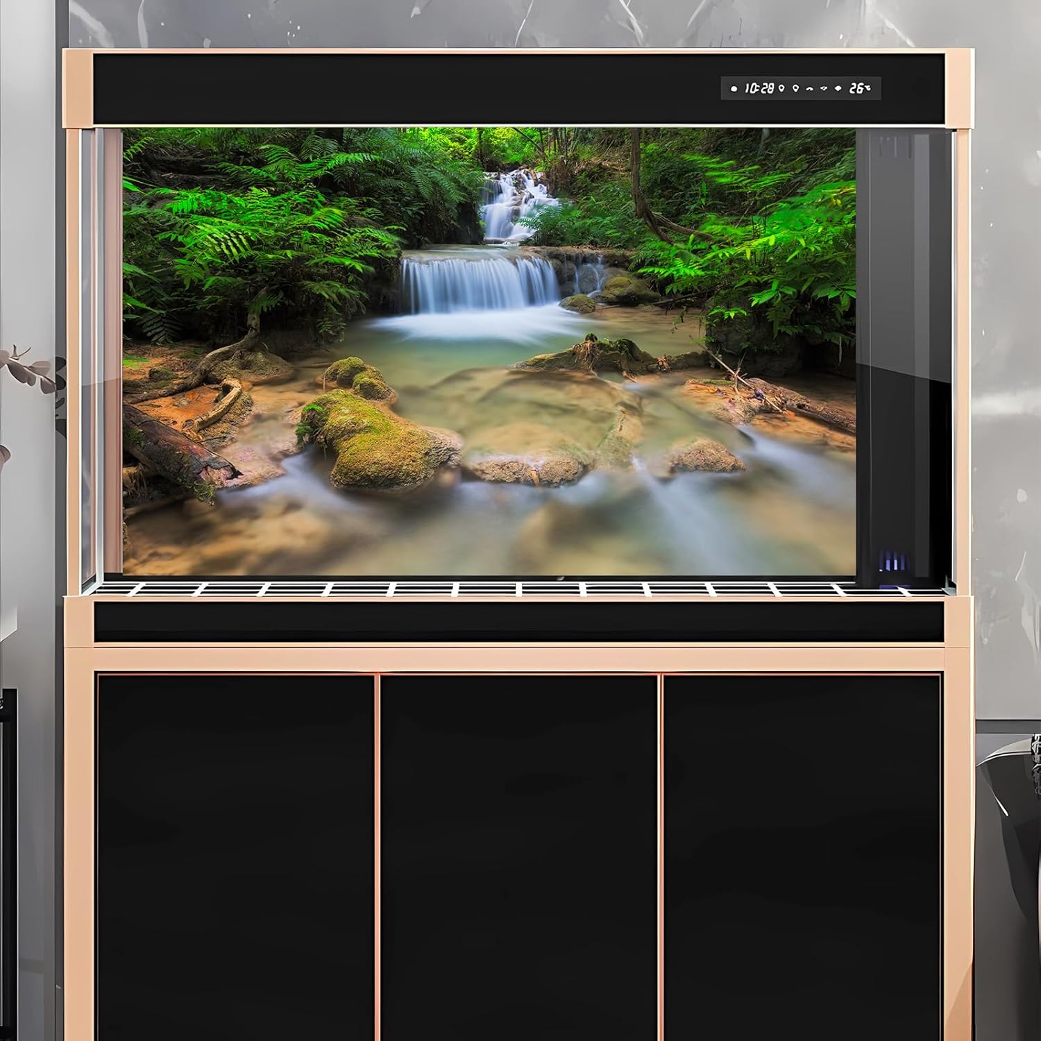 Waterfall Aquarium Background Lush Green Jungle Rainforest Terrarium Background Tranquil Stream with Rocks Fish Tank Background Forest Falls Aquarium Backdrop Wallpaper Poster Vinyl 24x12in