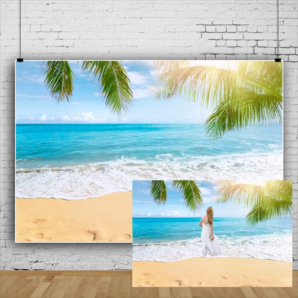 Leowefowa 10x8ft Sea Beach Backdrop Seaside Sand Beach Sea Wave Tropical Palm Leaf Photography Backdrops for Photo Shoots Holiday Party Adult Personal Portrait Photo Background Studio Props