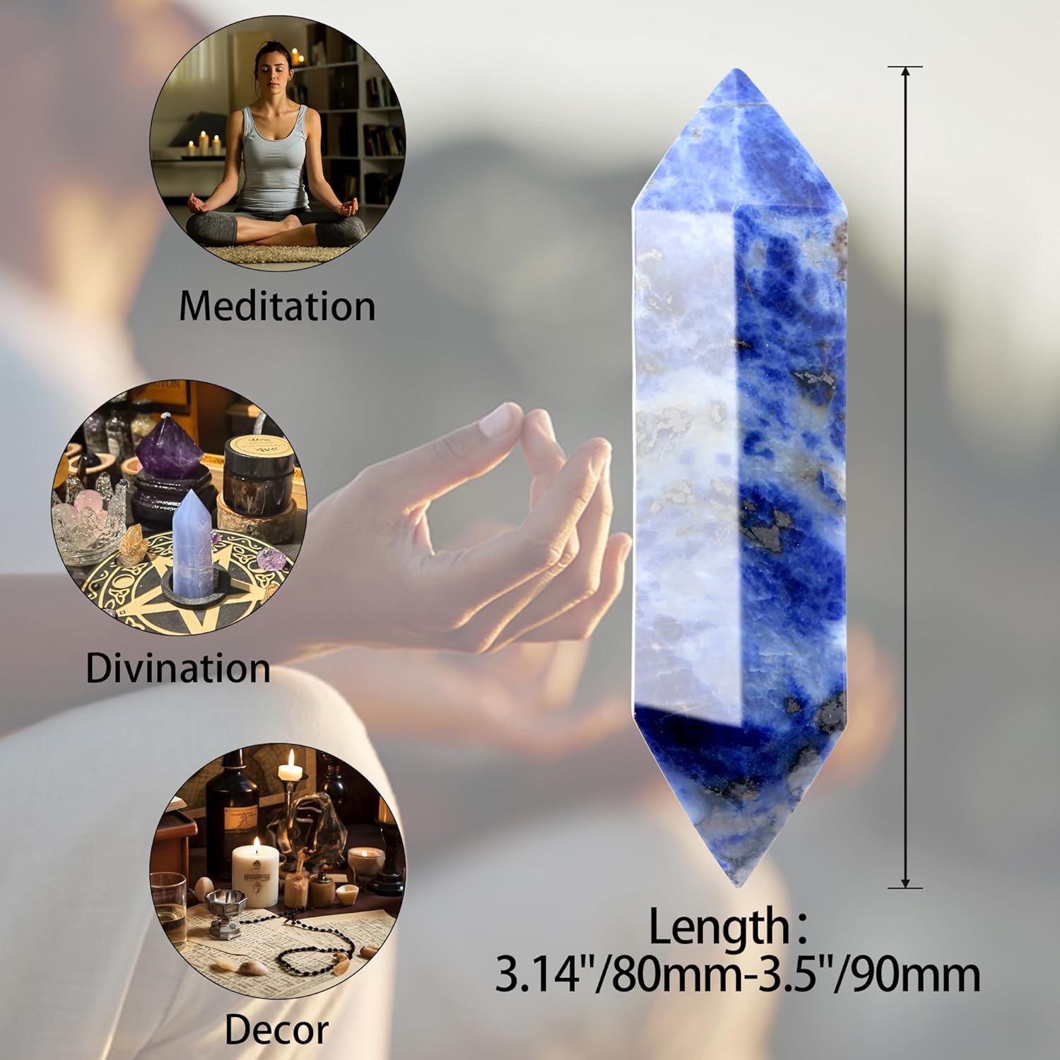 YATOJUZI 3.5" Blue Solidate Healing Crystals Wand Natural Crystals and Healing Stones Large Hexagonal Blue Solidate Crystal Points for Meditation Divination Reiki Energy Balancing 1PCS