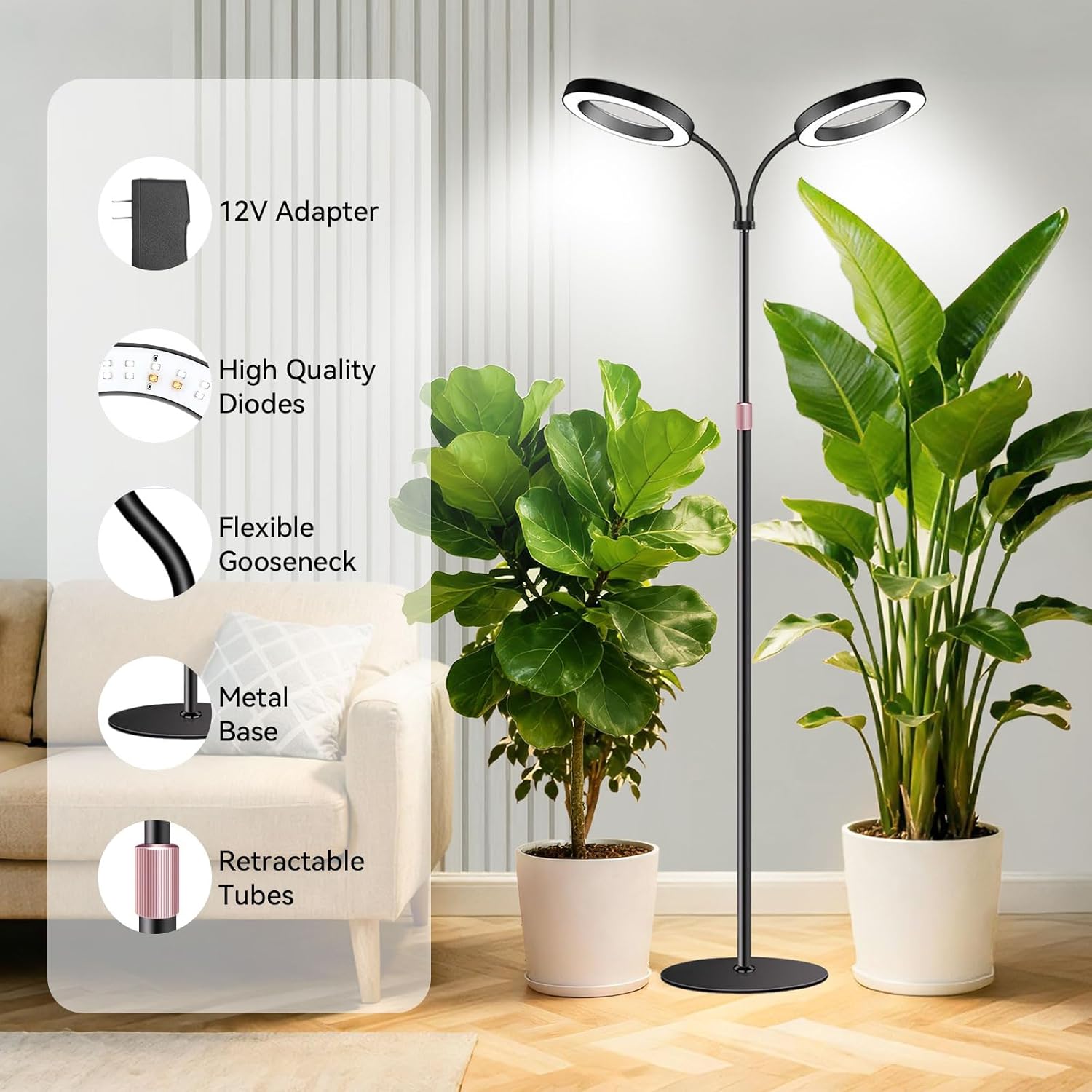 Dual-Head Grow Lights for Indoor Plants, Full Spectrum Plant Lights with 23.5-67" Adjustable Height Stand, 3 Growing Modes with Timer 3/9/12H, Dimmable Halo Grow Lights for Large Tall Plants