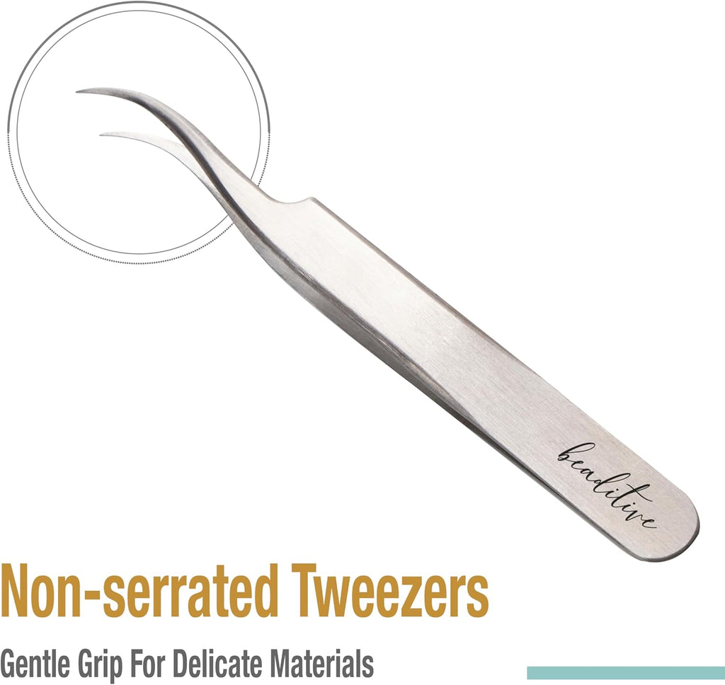 Beaditive High Precision Curved Tip Tweezers 3 Pack - 4.5" Craft Tweezers for Sewing, Beading & DIY Crafts - Non-Serrated Jewelry Tweezer Set with Fine Curved Tips - Stainless Steel Hobby Tweezers