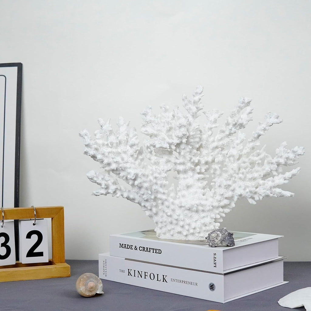 Coral Coastal Decor,13.5'' Width x 10'' High Artificial Resin Coral Reef Statue for Ocean Coastal Beach Nautical Themed Room Bathroom Decor for Home,1008W,White