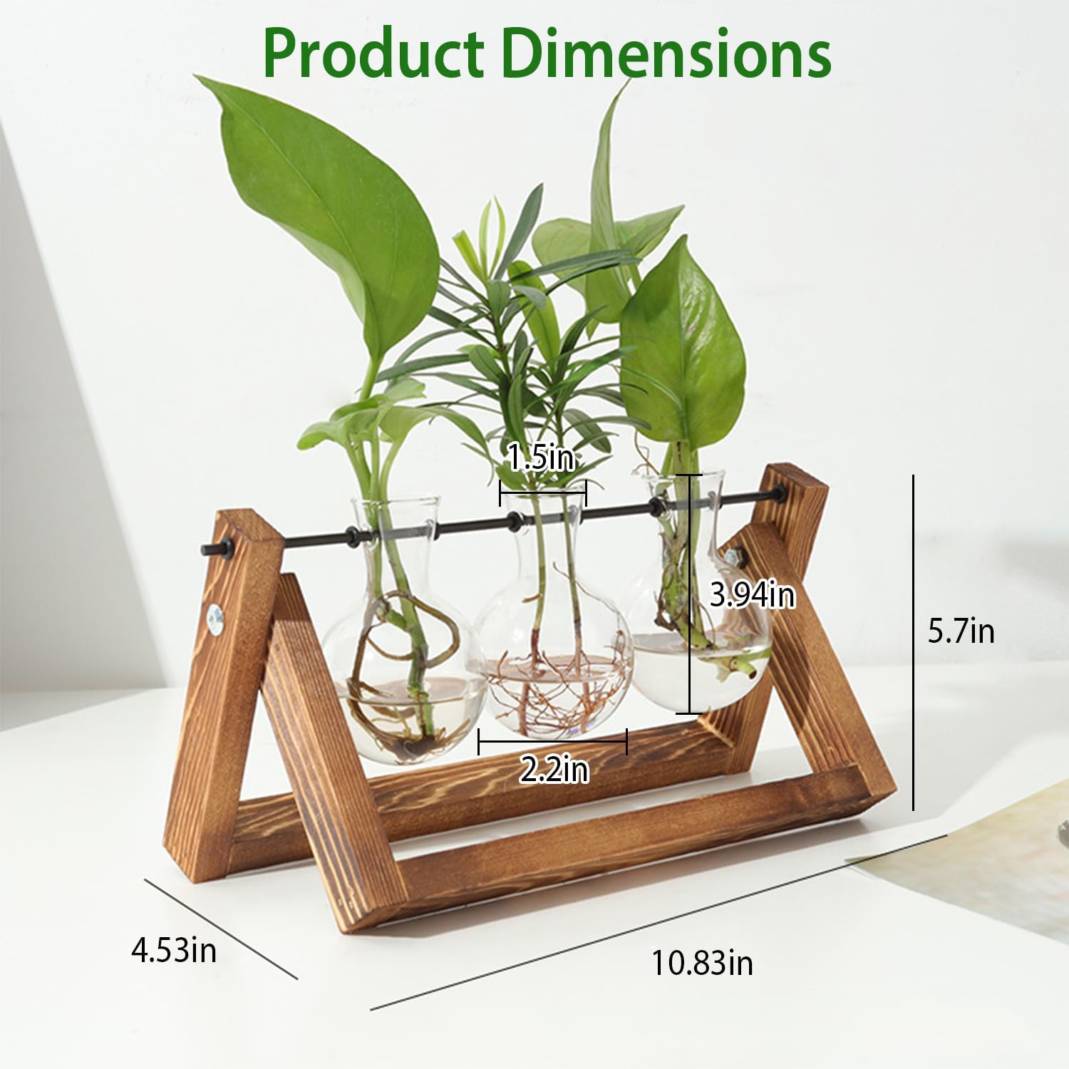 Plant Propagation Station, Plant Terrarium with Wooden Stand, Tabletop Glass Planter Desktop Plant Propagation Vase with Metal Swivel Holder for Hydroponics Plants - 3 Bulb Vases
