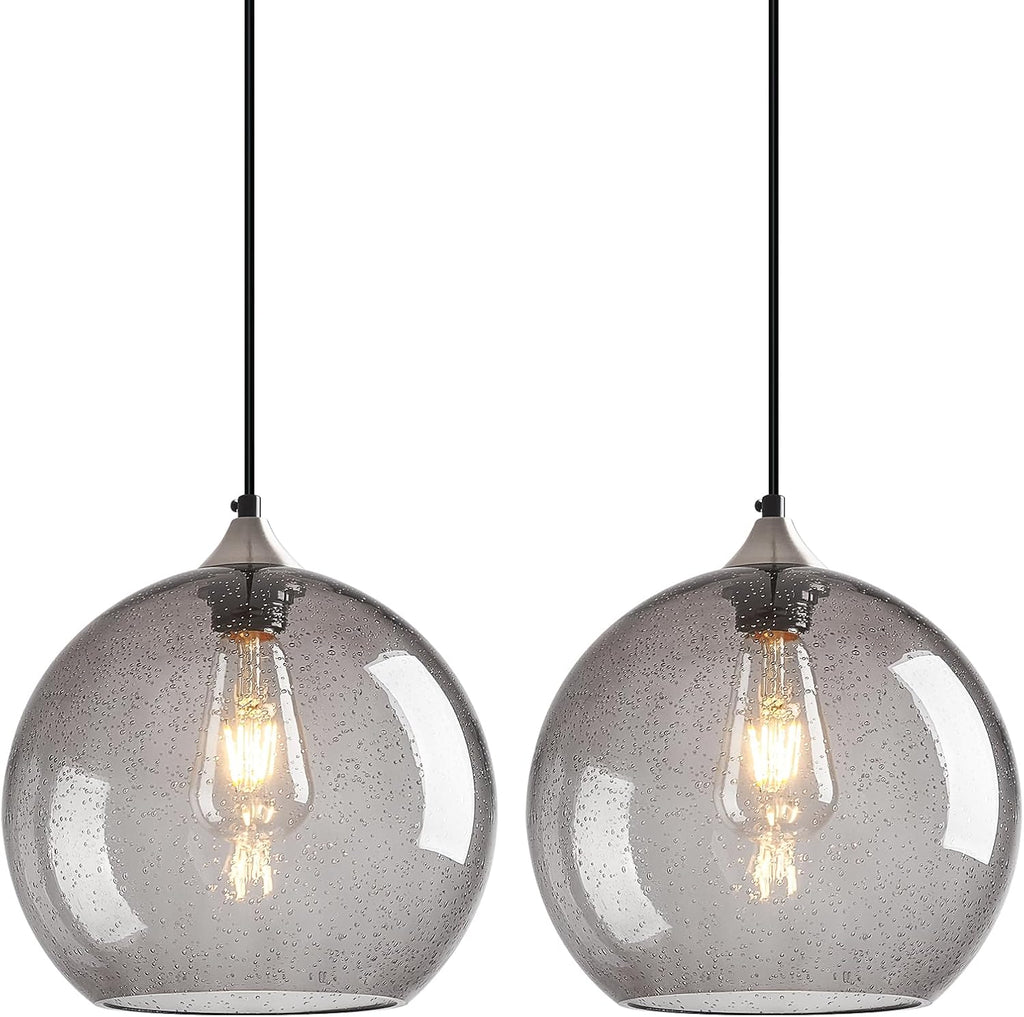 Light Grey Glass Pendant Lights Kitchen Island Globe Pendant Light Fixtures Modern Pendant Lighting for Bedroom Living Dining Room Light Fixture (9.84 in, 2 Pack)