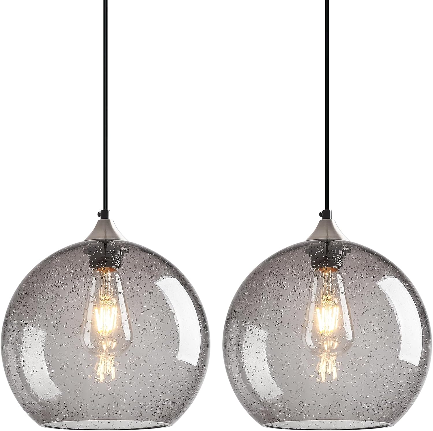 Light Grey Glass Pendant Lights Kitchen Island Globe Pendant Light Fixtures Modern Pendant Lighting for Bedroom Living Dining Room Light Fixture (9.84 in, 2 Pack)