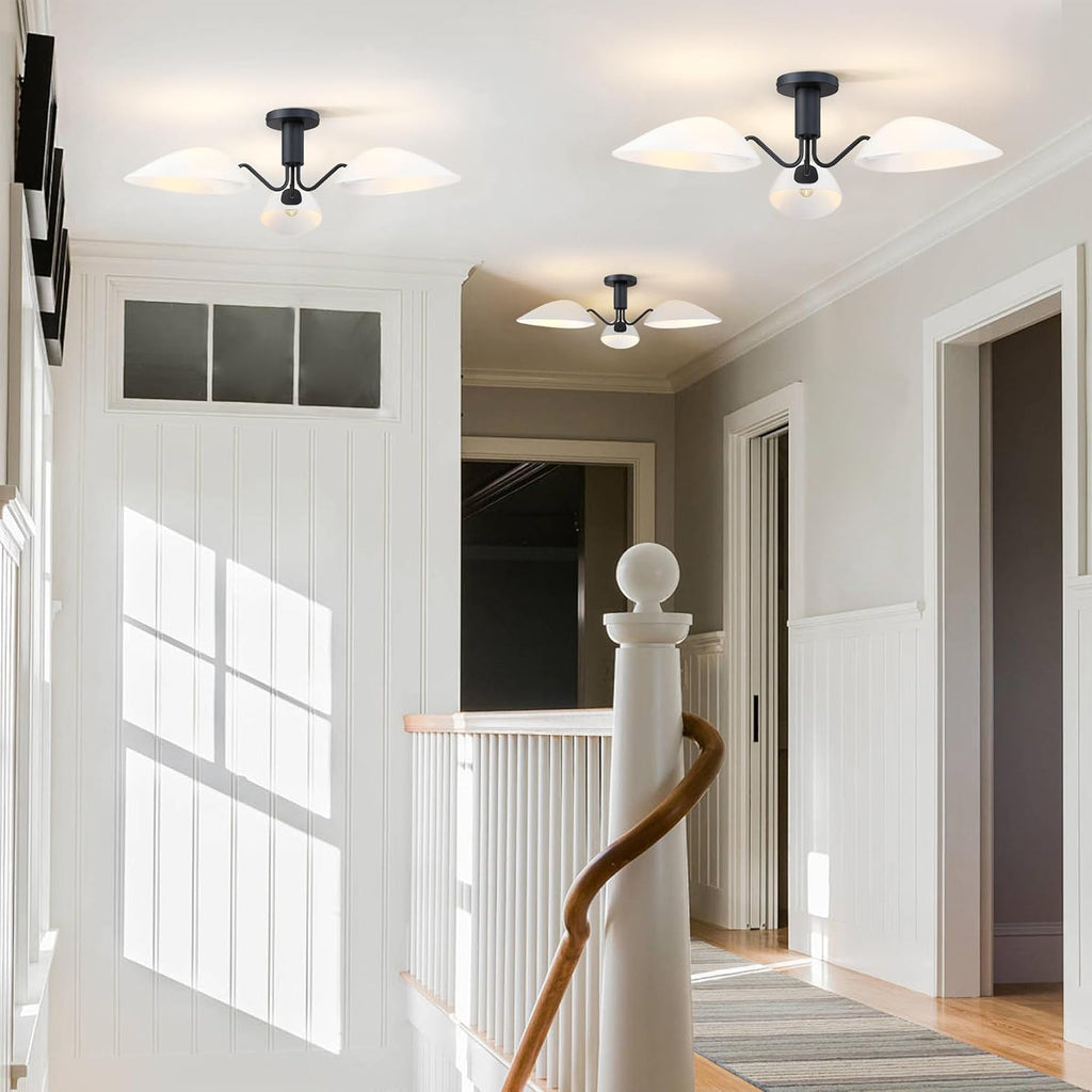 MEXO Modern Black 3-Light Ceiling Light with Opal White Glass Shade Semi Flush Mount Ceiling Light for Living Room Hallway Sputnik Chandelier Lighting Fixture
