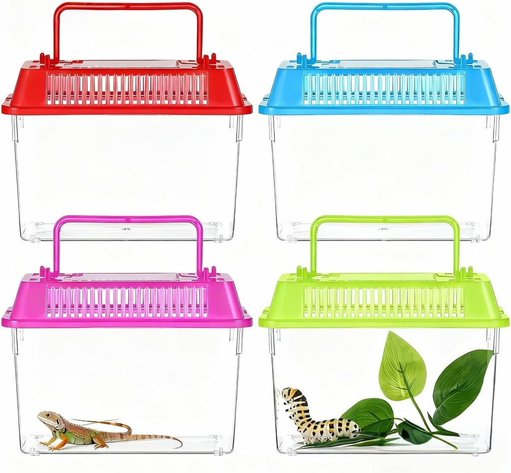 NOLITOY 4pcs Mini Portable Fish Tank: 3.7 * 5.9 * 4.3in Small Terrarium Critter Keeper for Fish Turtles Insects Hermit Crabs Bugs - Clear Reptile Enclosure Travel Carrier Box