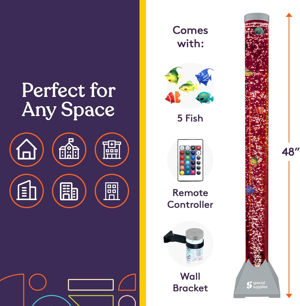 Special Supplies Aquarium Sensory Fish Bubble Light Tube with 16 LED Color Changing Nightlight Effect, Remote Control, and 8 Fishes, Colorful Floor Standing Lamp for Kids and Adults (4 feet)
