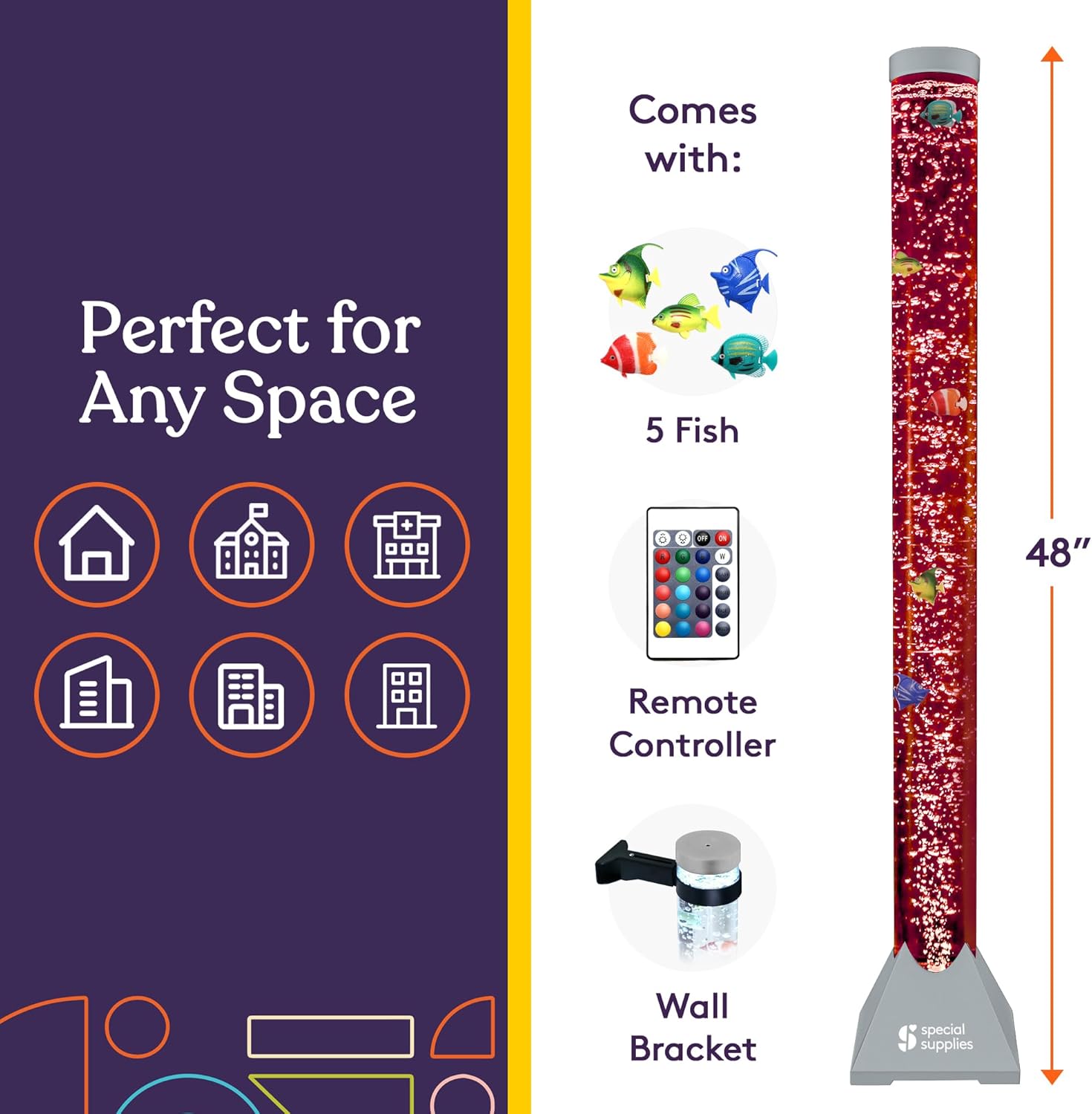 Special Supplies Aquarium Sensory Fish Bubble Light Tube with 16 LED Color Changing Nightlight Effect, Remote Control, and 8 Fishes, Colorful Floor Standing Lamp for Kids and Adults (4 feet)