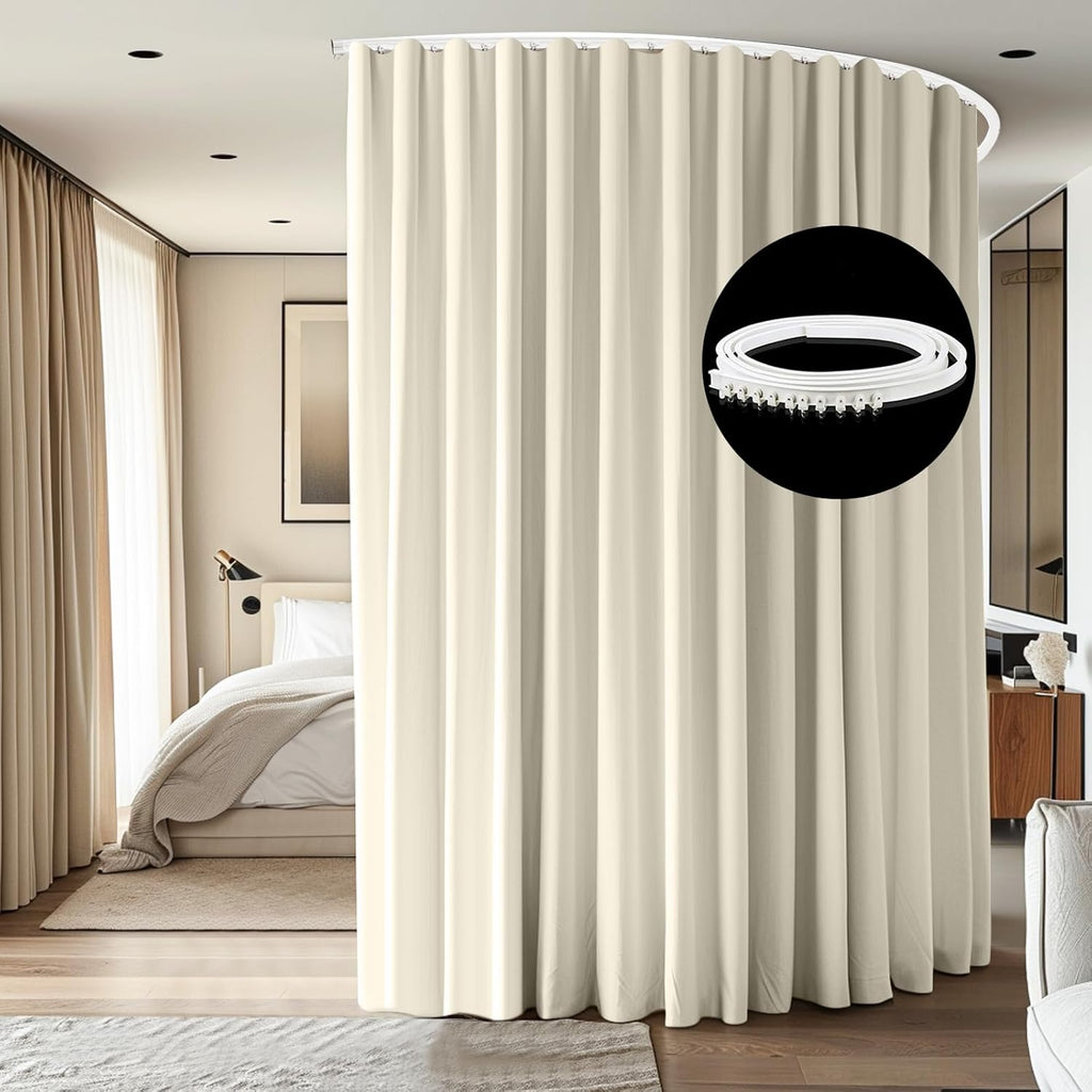 Room Divider Ceiling Mounted Curtains Track Sets Extra Wide Blackout Curtain Flexible Tracks for Bedroom Privacy Partition Separator, 1 Panel Beige Drape and White Rail, W10 x H8ft