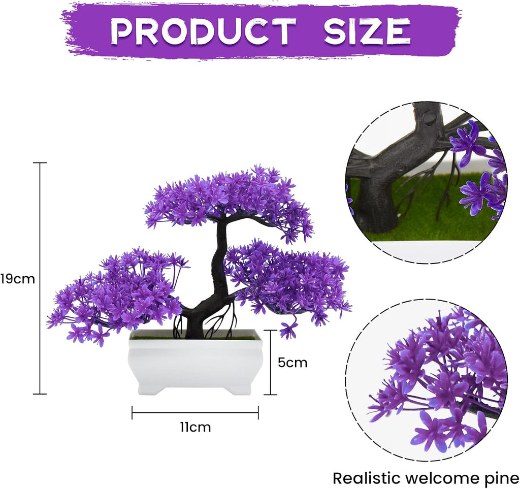 Mini Artificial Bonsai Tree Plants with Plastic Cement Pots for Home Office Décor(Purple)