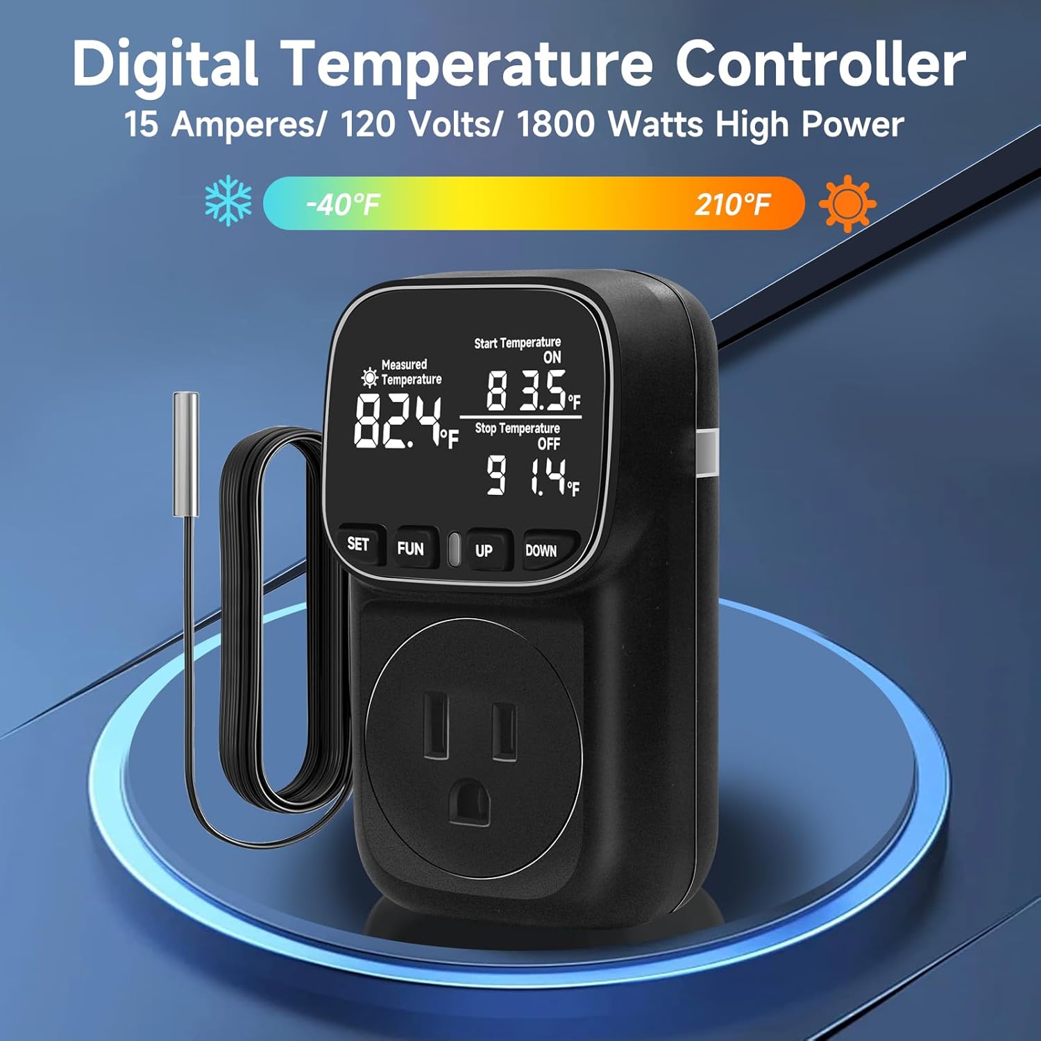 Temperature Controlled Outlet , 15A/1800W Digital Thermostat Outlet, Cyclic Timing/Countdown, -40℉~210℉ VA Display Heating Cooling Control Timer with 2Pcs Probe Cable for Reptile Incubator