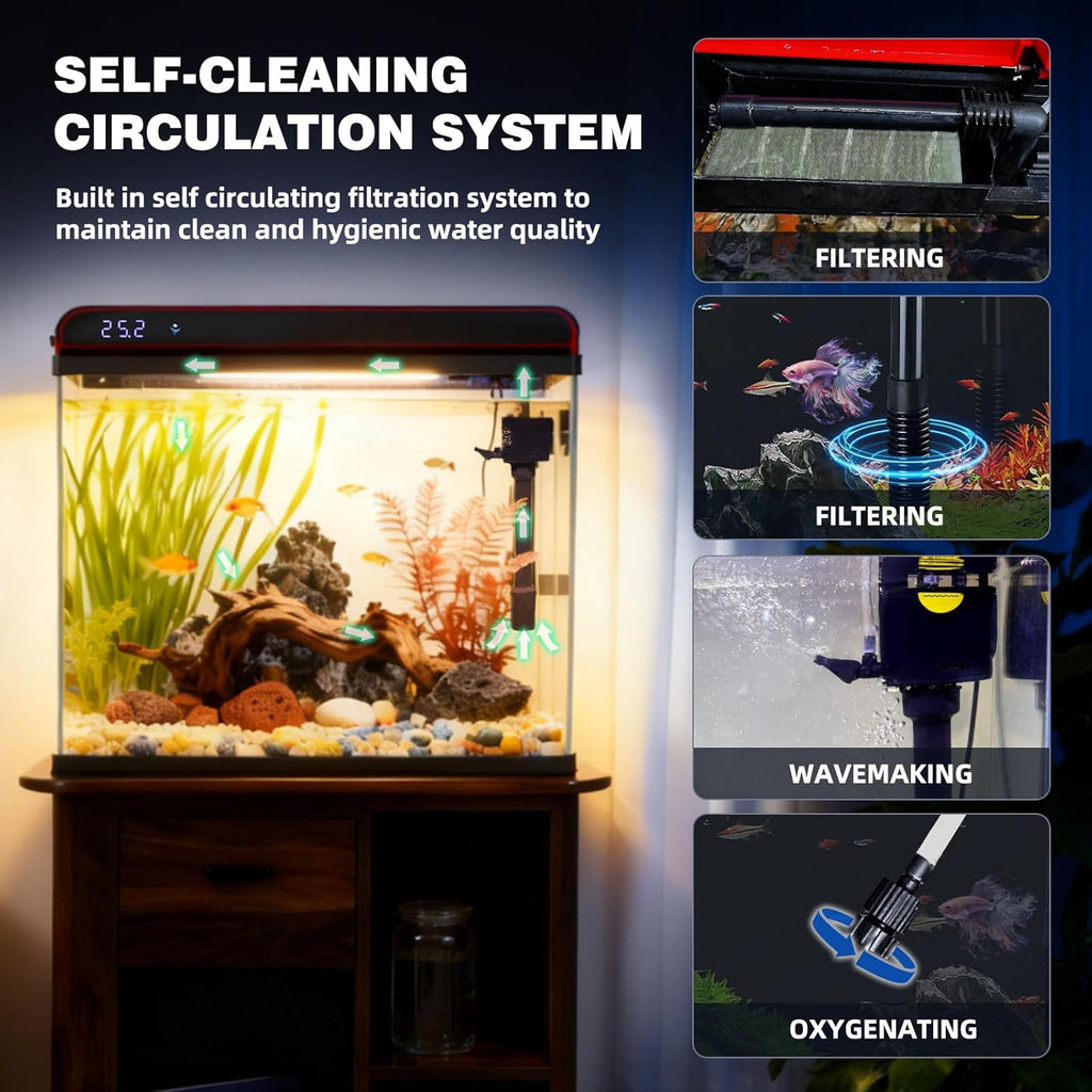Coospider 10 Gallon Glass Fish Tank, Aquarium Starter Kit - Self-Cleaning with 3-Color LED Lights, Ultra-Quiet Pump & Filter, Smart Temperature Monitoring for Betta, Shrimp, Gift Idea