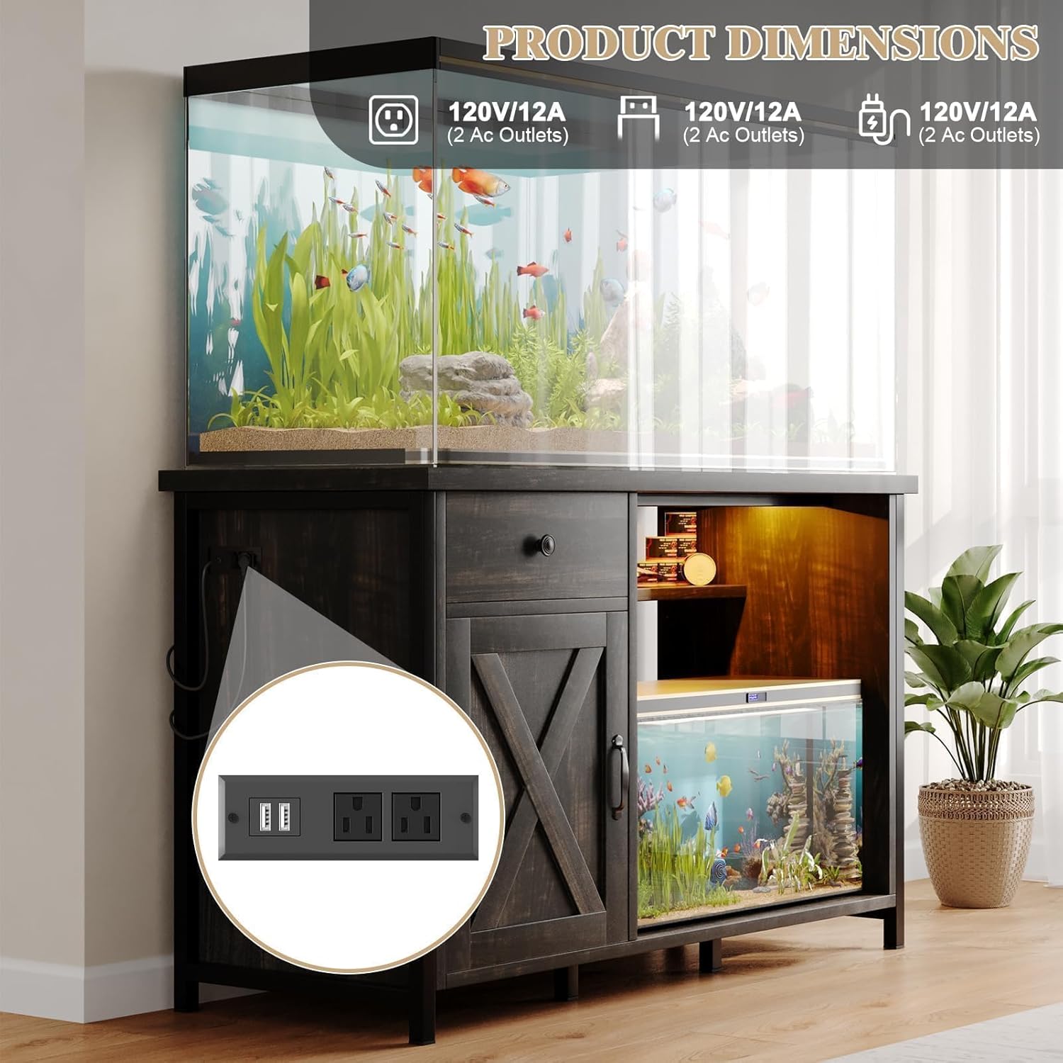 4ever2buy 55-75 Gallon Fish Tank Stand with Power Outlets, LED Light, Heavy Duty Aquarium Stand with Cabinet for Fish Tank Accessories Storage, for Turtle Tank, Reptile Terrarium, 1100LBS, Oak