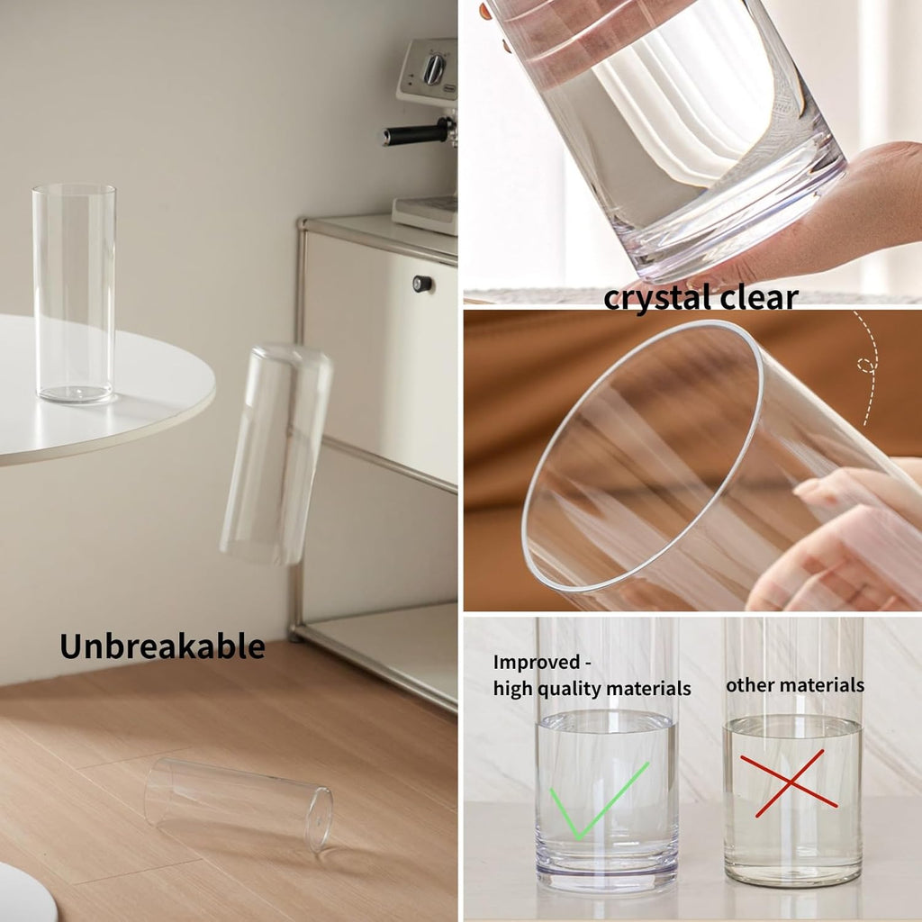 4 Large Acrylic Clear Cylinder Vase Set with 4 Spiral Ikebana Stem Holder Ring, Unbreakable Tall Plastic Hurricane Vases for Wedding Centerpieces Flower Bouquet Decor (4 Vases + 2 Holder)