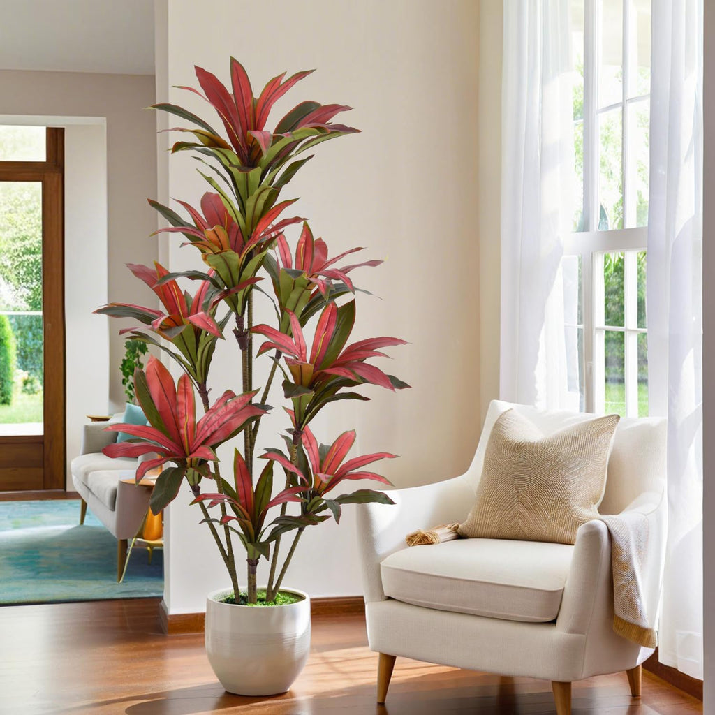 Artificial Dracaena Tree 6ft(72in) Tall Large Faux Fall Plants with Realistic Trunks and Red Leaves, Fake Floor Potted Artificial Plants for Home Office Indoor Decor (6feet,1Pack)