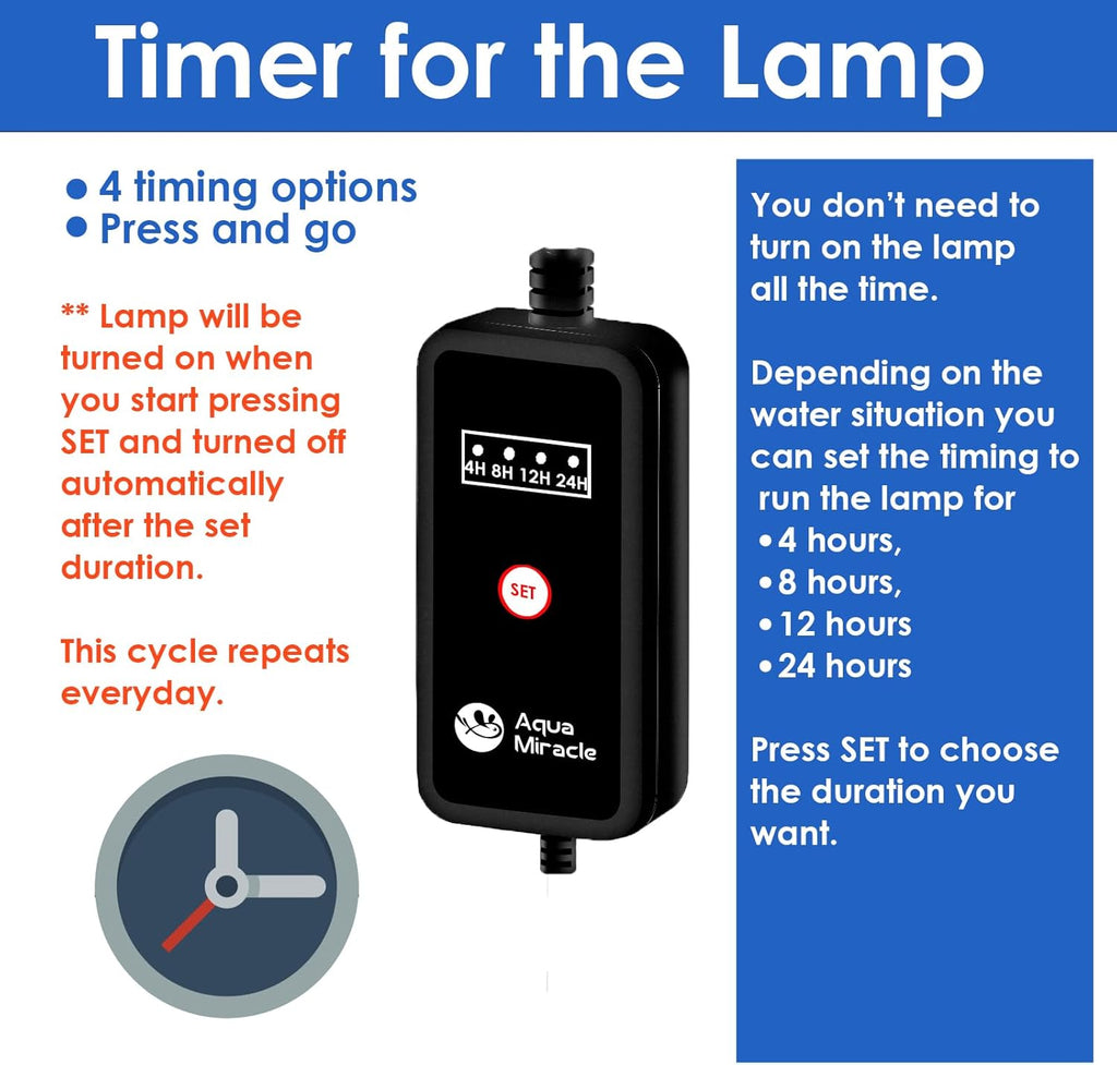 AquarMiracle U - VC Light for Aquarium with Timer, Amphibian in-Line & in-Tank U - V Green Bloom Clean Light, for Aquariums 20-40 Gallons(6W)