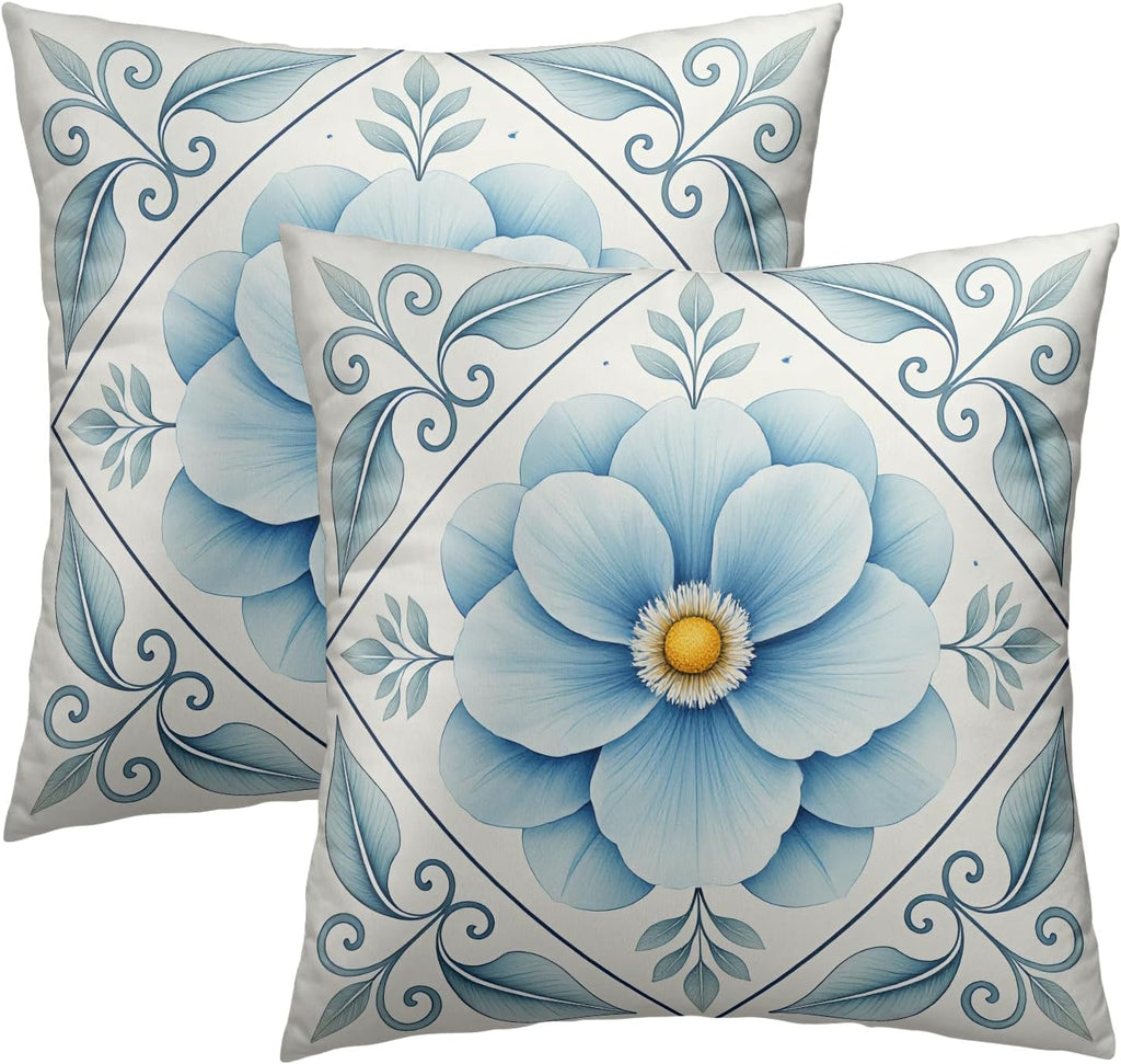 Artisan Blue and White Floral Throw Pillow Covers Set of 2 Ultra-Soft All-Season Pillow Shams with Hidden Zipper,Durable for Sofa Bed Car Decor & Gift 18x18IN
