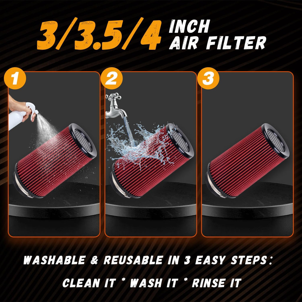 4-Inch Cold Air Intake Filter - Washable, High Performance, 3" or 3-1/2" or 4" Clamp-On Filter Height: 9 In Replacement Cone Air Filter Universal 3 Sizes in 1 (Red)
