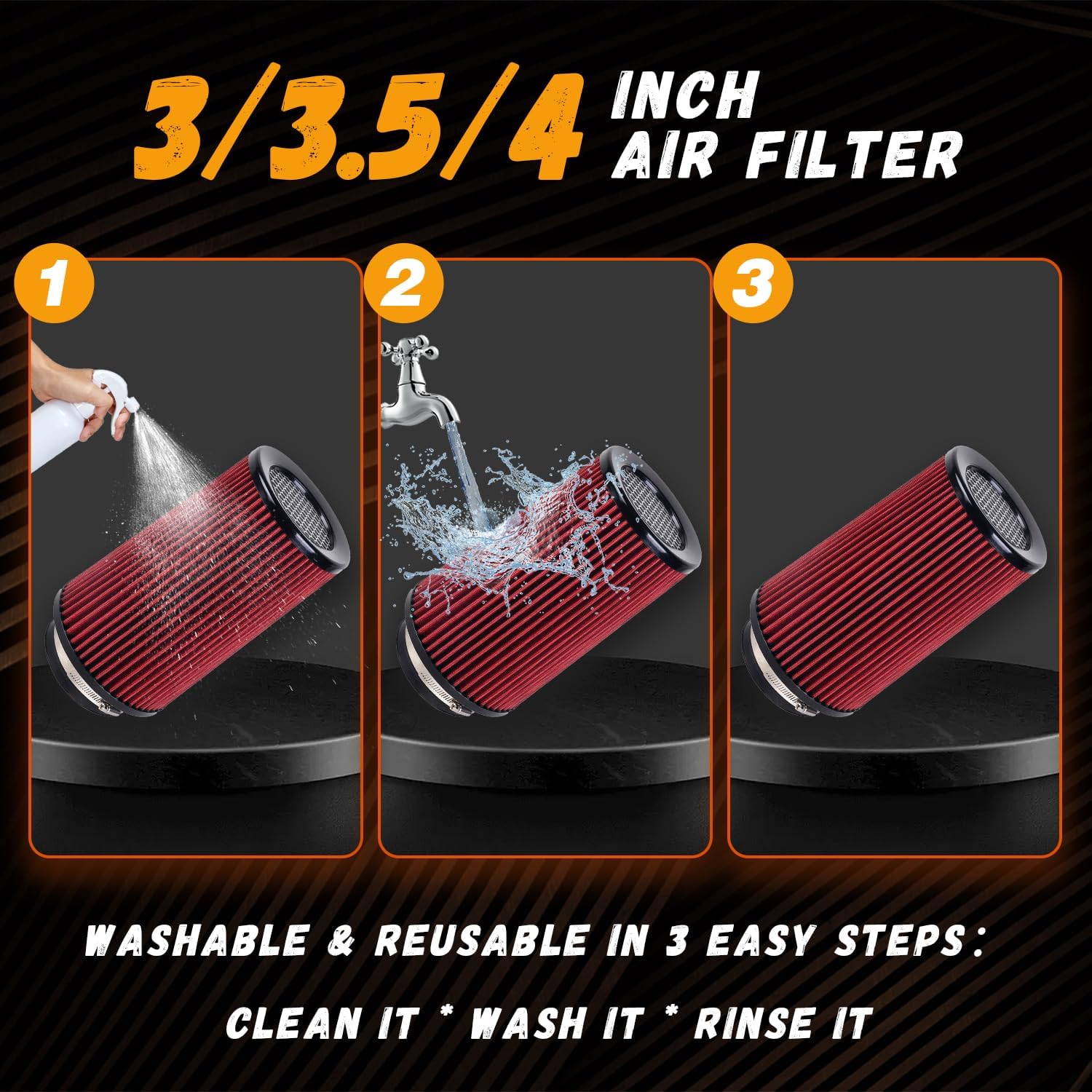 4-Inch Cold Air Intake Filter - Washable, High Performance, 3" or 3-1/2" or 4" Clamp-On Filter Height: 9 In Replacement Cone Air Filter Universal 3 Sizes in 1 (Red)