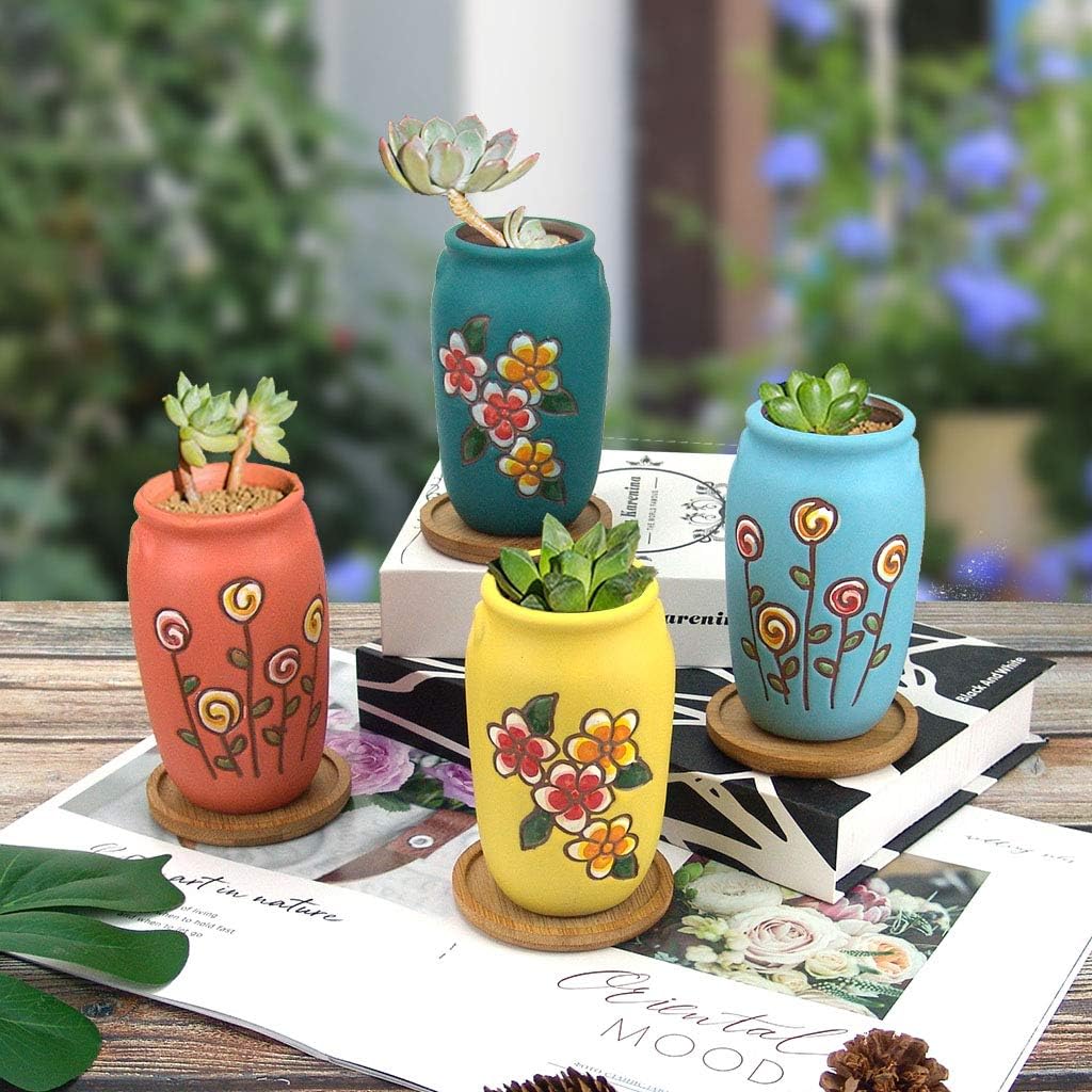 2.5 Inch Hand Painted Round Succulent Cactus Planter Pot Clay Pot Ceramic Plant Pot with Drainage Hole and Saucer Set of 4 (Green Yellow Orange Blue)