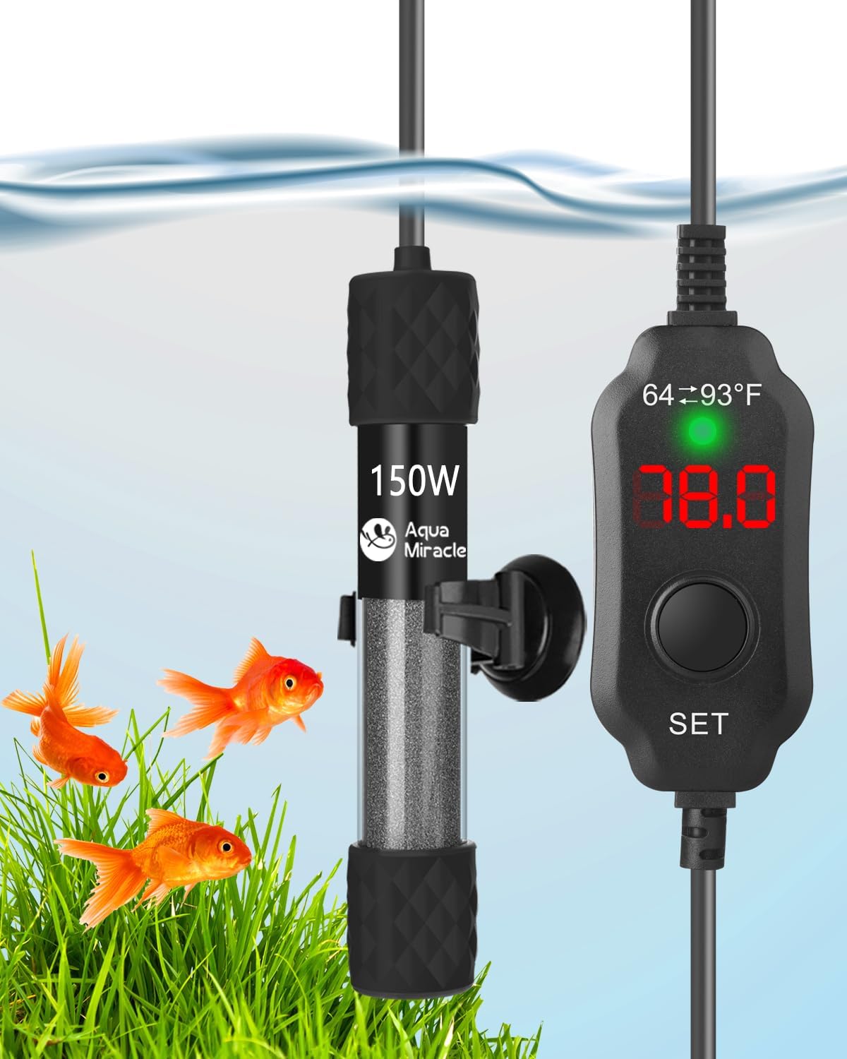 AquaMiracle Adjustable 150W Aquarium Heater Submersible Fish Tank Heater Super Short Aquarium Heater with LED Digital Display Thermostat, for Tanks 15-30 Gallons