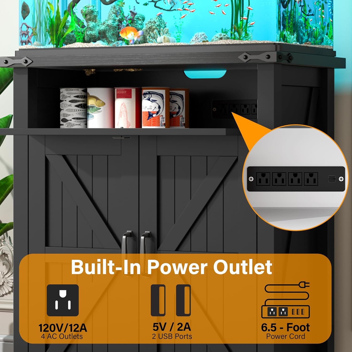 20 Gallon Fish Tank Stand with Power Outlets, Farmhouse Decorative Aquarium Stand Furniture with Adjustable Shelves and Storage Cabinet, 10 Reptile Turtle Tank Stand (Black, 20GL)