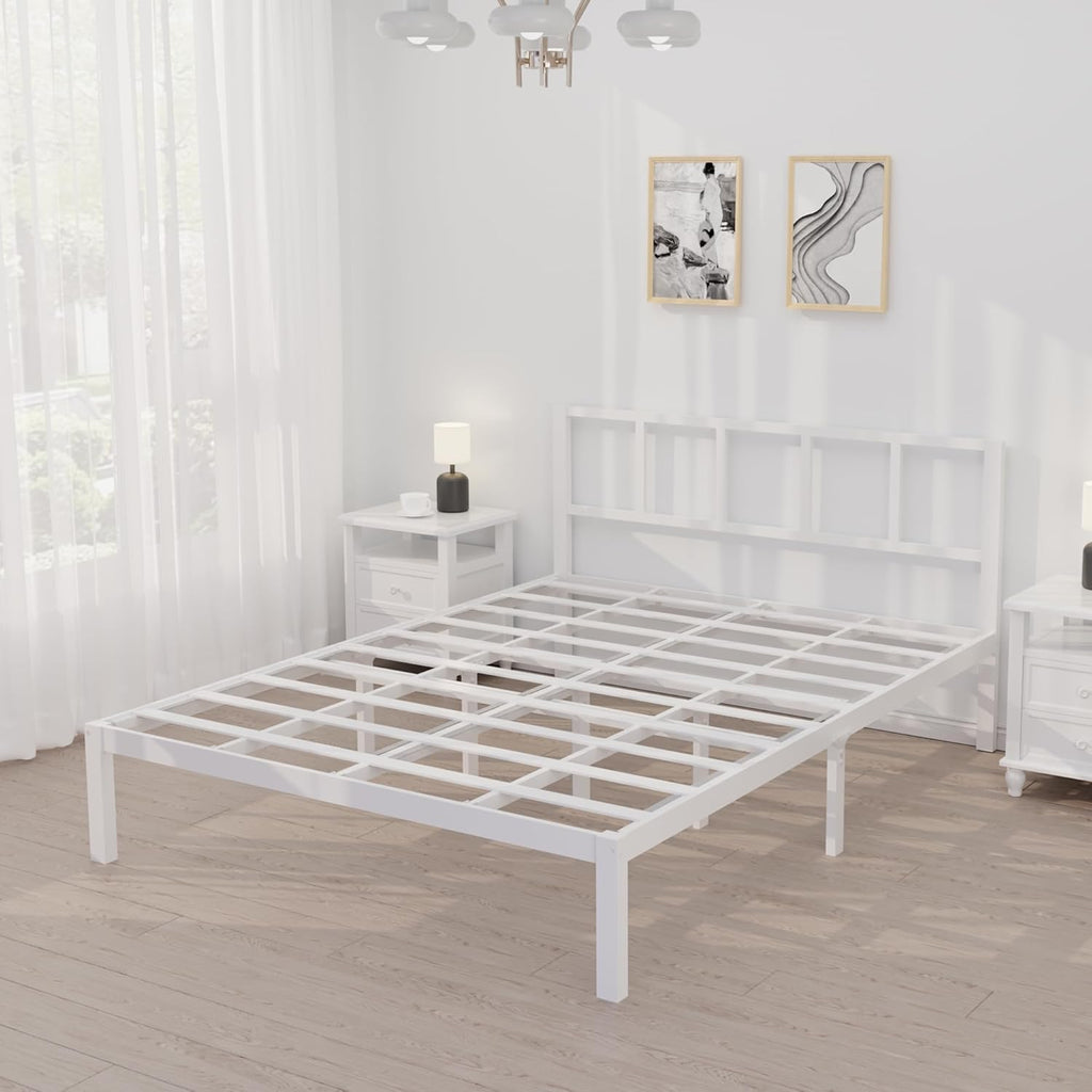 14 Inch Queen Bamboo Platform Bed Frame with Headboard, Wood Slat Support, No Box Spring Needed, Easy Assembly, White