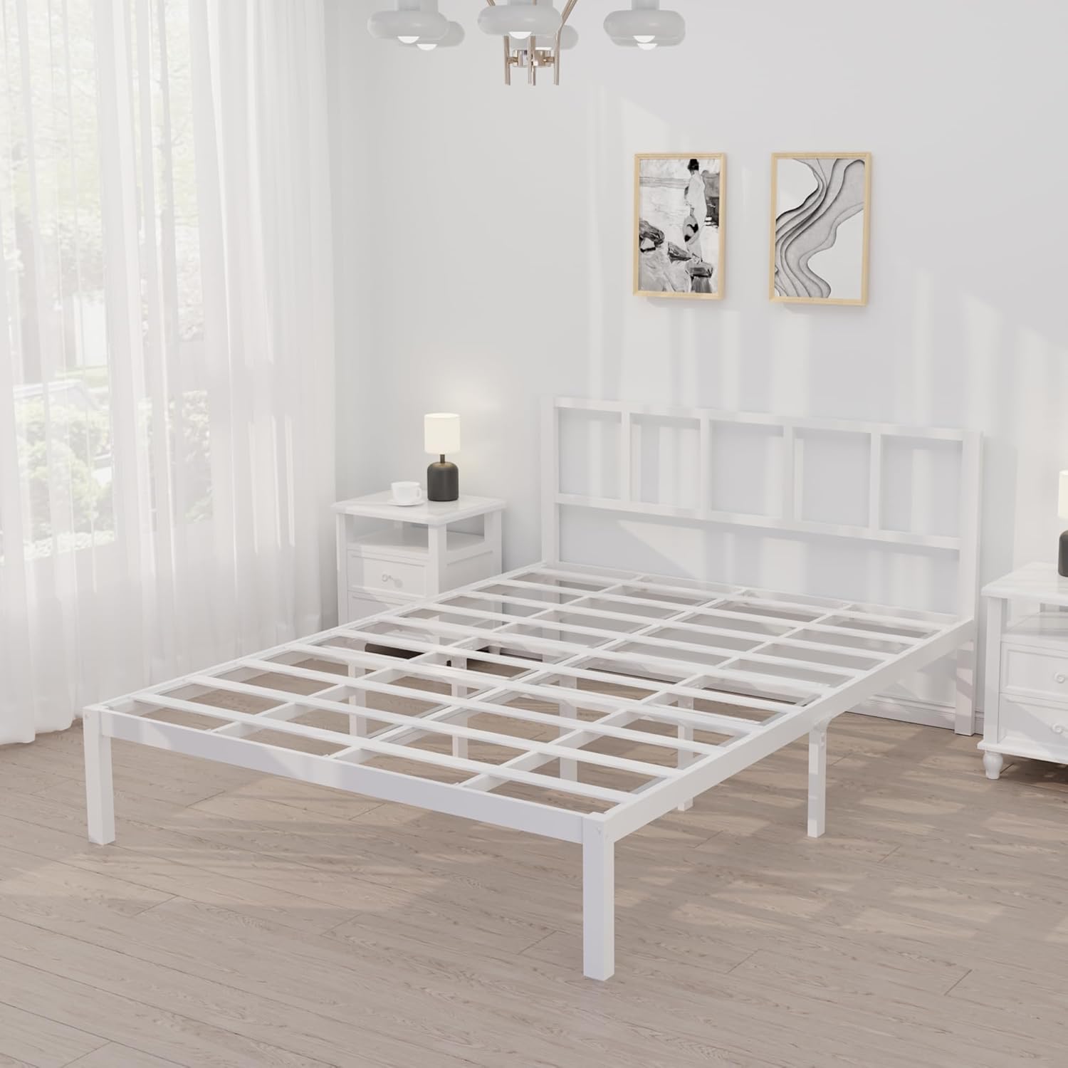 14 Inch Queen Bamboo Platform Bed Frame with Headboard, Wood Slat Support, No Box Spring Needed, Easy Assembly, White