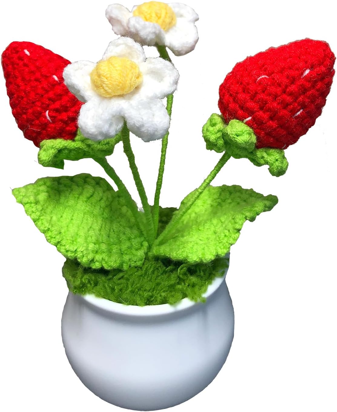 Crochet Flowers Cute Little Potted Flower, Gift for Birthday, Teacher’s Day, Graduation, Anniversary, Christmas, Decor for Car Dashboard,Home Office Decoration (Strawberry)