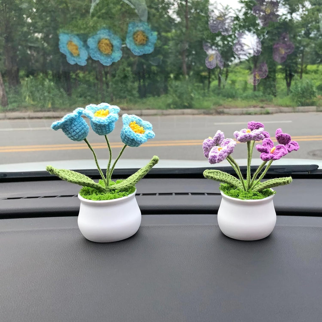 Crochet Flowers Cute Little Potted Flower, Gift for Birthday, Teacher’s Day, Graduation, Anniversary, Christmas, Decor for Car Dashboard,Home Office Decoration (Blue Lily of The Valley)